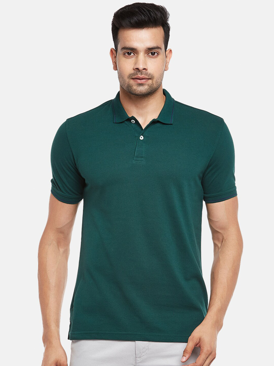 

BYFORD by Pantaloons Men Green Cotton Polo Collar Pure Cotton T-shirt