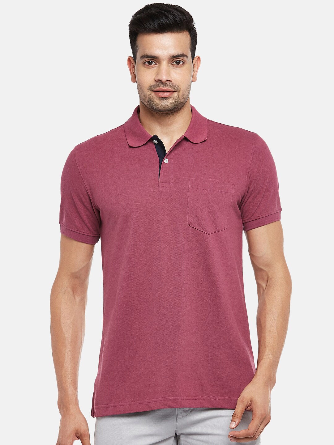 

BYFORD by Pantaloons Men Pink Cotton Polo Collar Pockets Pure Cotton T-shirt