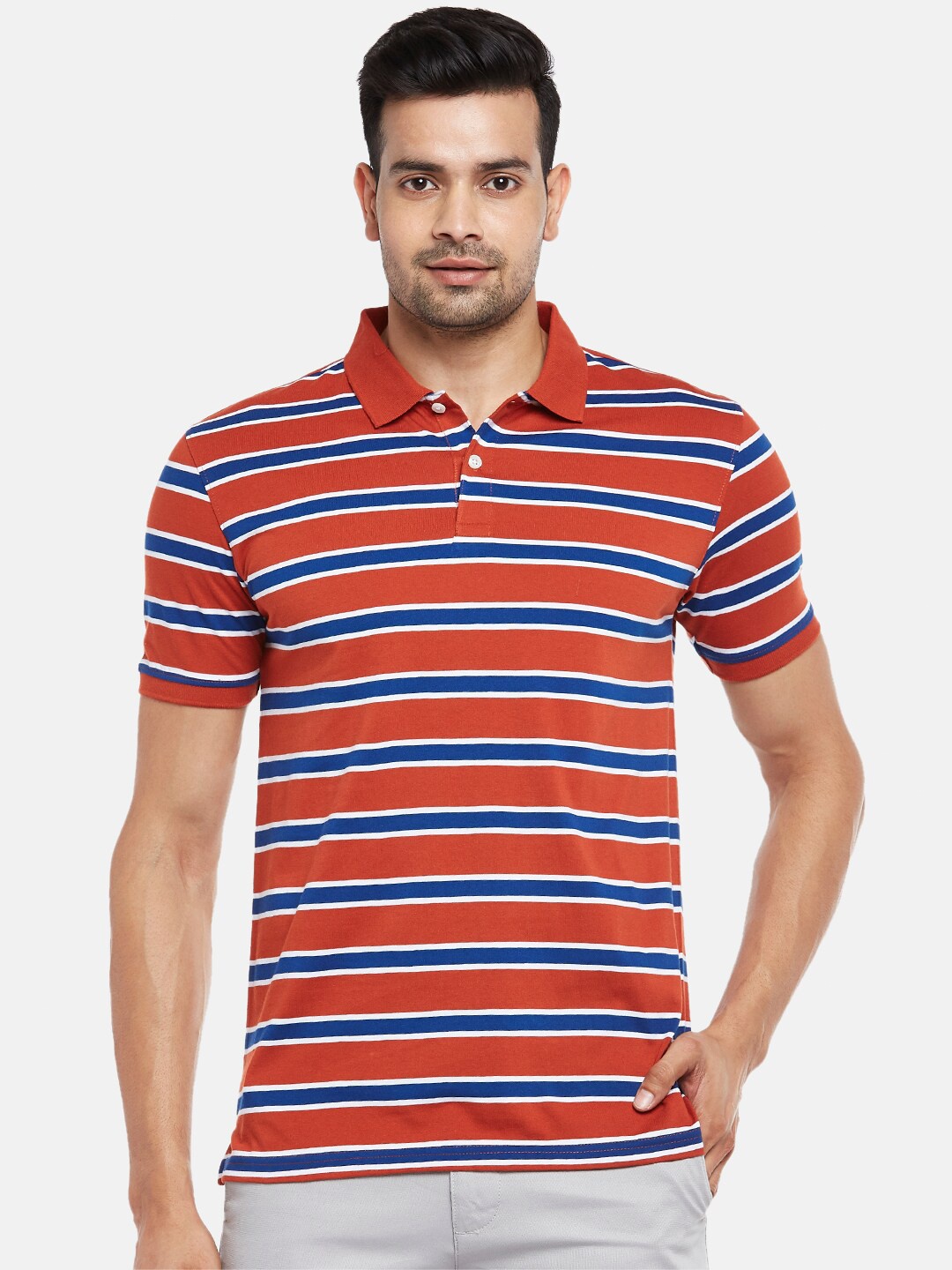 

BYFORD by Pantaloons Men Rust Blue Striped Polo Collar Slim Fit Pure Cotton T-shirt