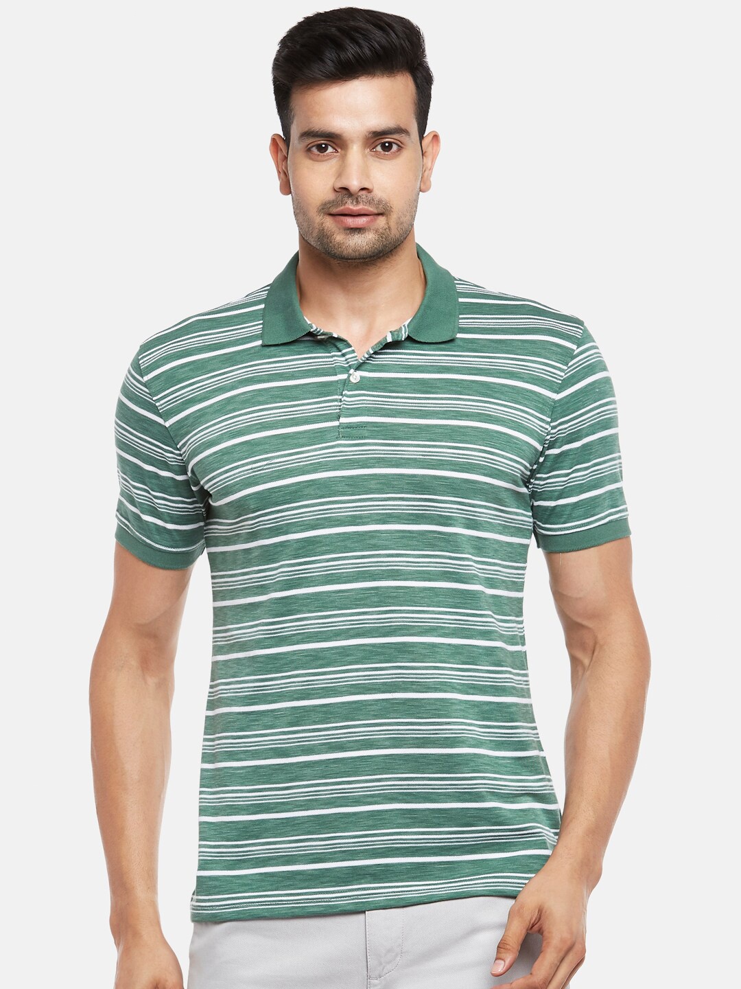 

BYFORD by Pantaloons Men Green White Striped Polo Collar Slim Fit Pure Cotton T-shirt
