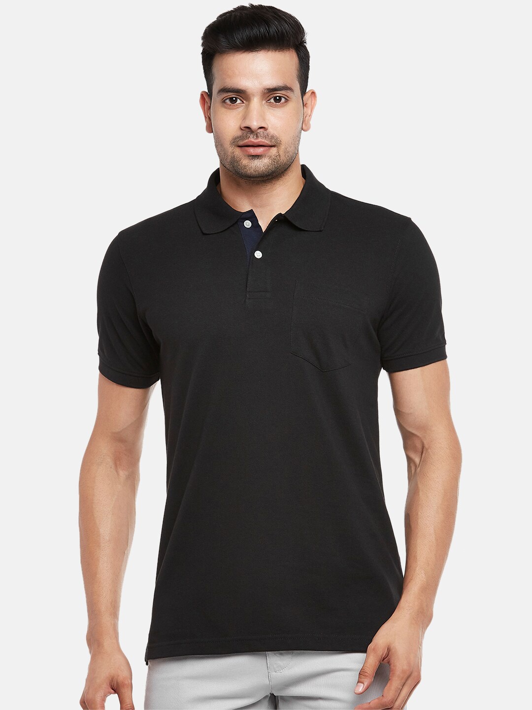 

BYFORD by Pantaloons Men Black Polo Collar Monochrome Pockets Pure Cotton T-shirt
