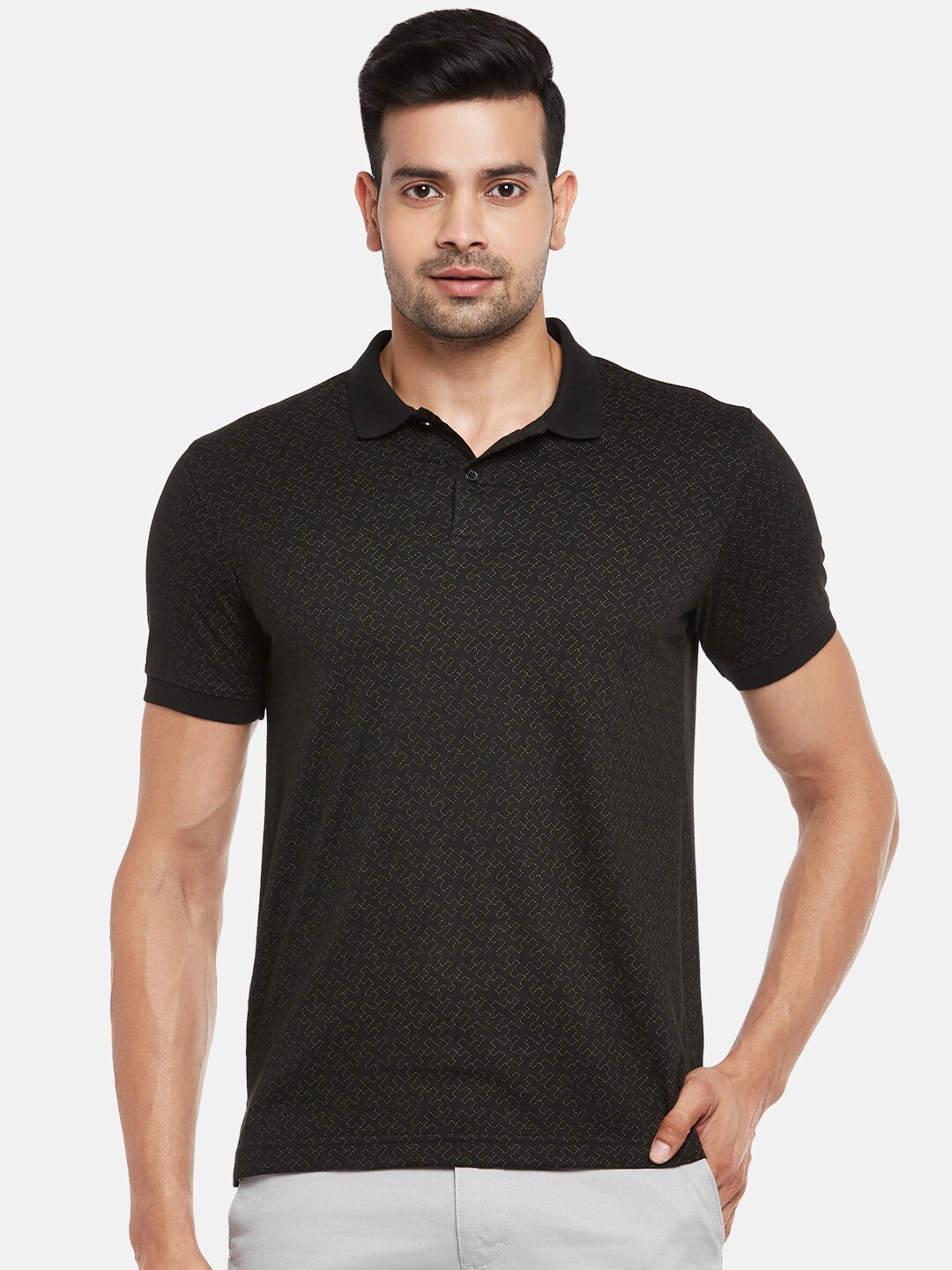 

BYFORD by Pantaloons Men Black Geometric Printed Polo Collar Slim Fit Pure Cotton T-shirt