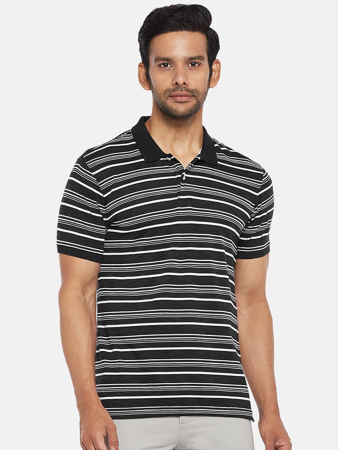 

BYFORD by Pantaloons Men Black White Striped Polo Collar Slim Fit Pure Cotton T-shirt