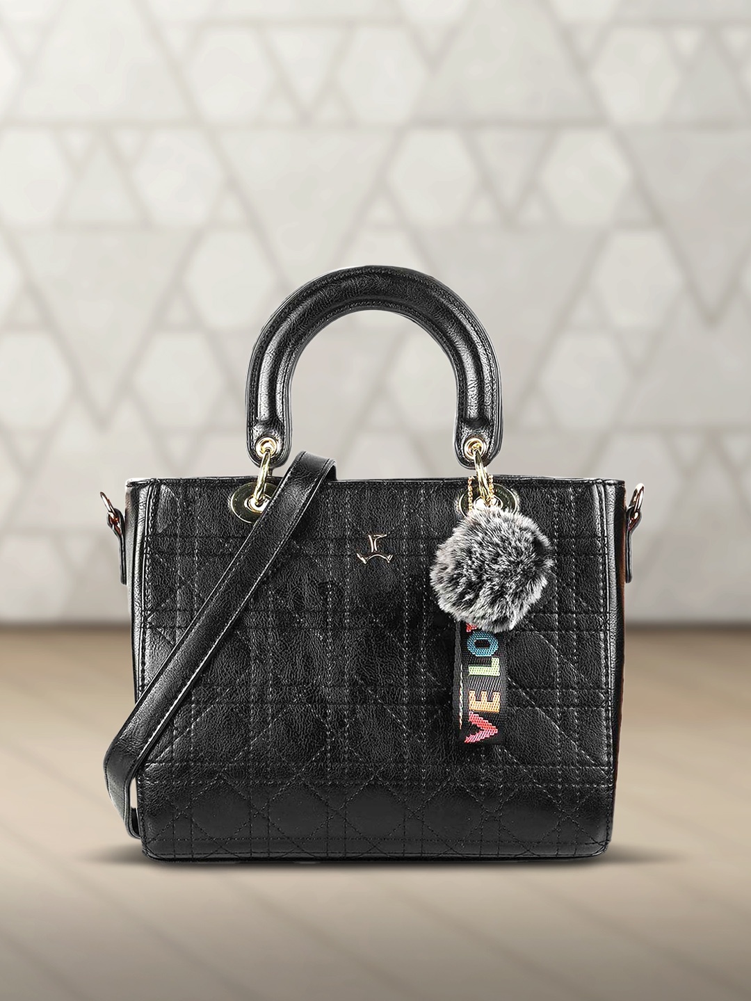 

Mochi Black Textured Structured Handheld Bag with Pom Pom Detail