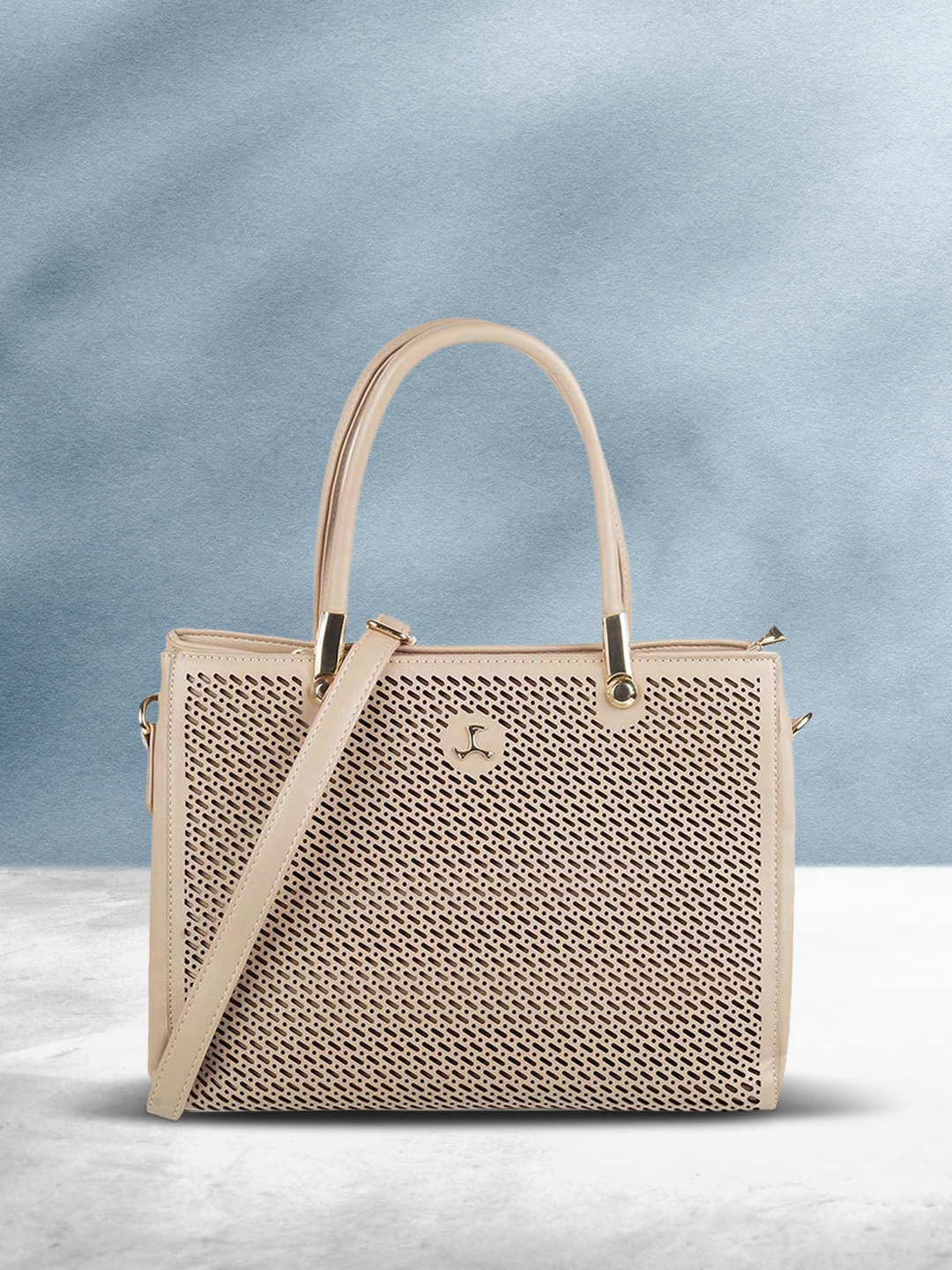 

Mochi Women Beige Textured PU Structured Handheld Bag with Cut Work