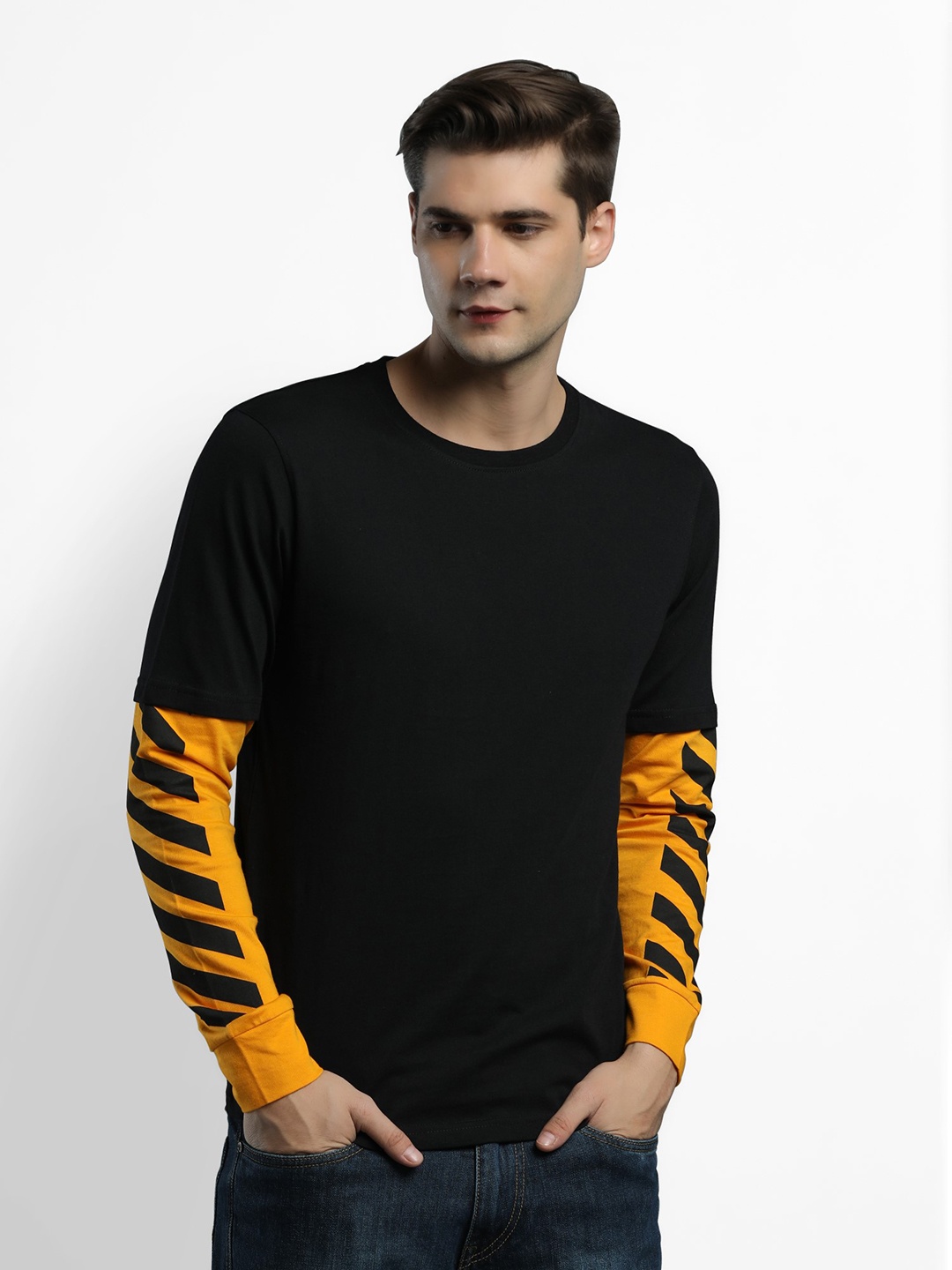 

Maniac Men Black & Yellow Colourblocked T-shirt