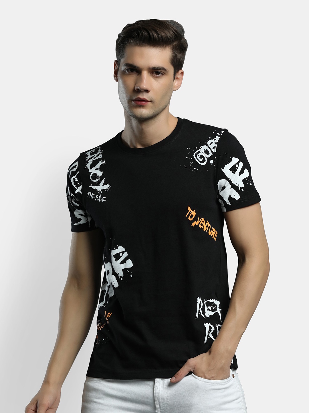 

Maniac Men Black Pure Cotton Typography Printed Pure Cotton T-shirt