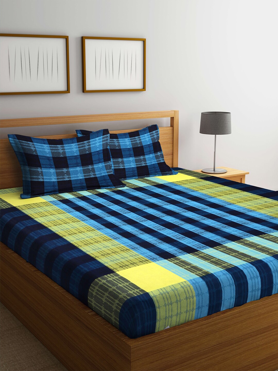 

Arrabi Blue & Black Striped 300 TC Cotton King Bedsheet With 2 Pillow Covers