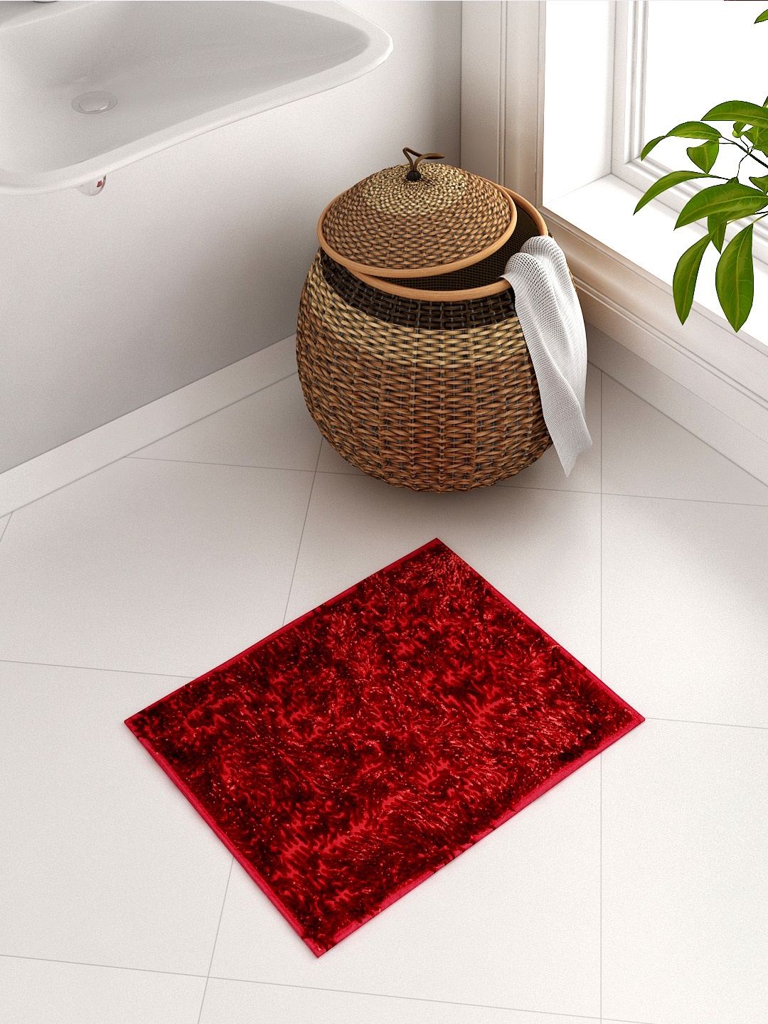 Cortina Red Ruffled Rectangular Bath Rug