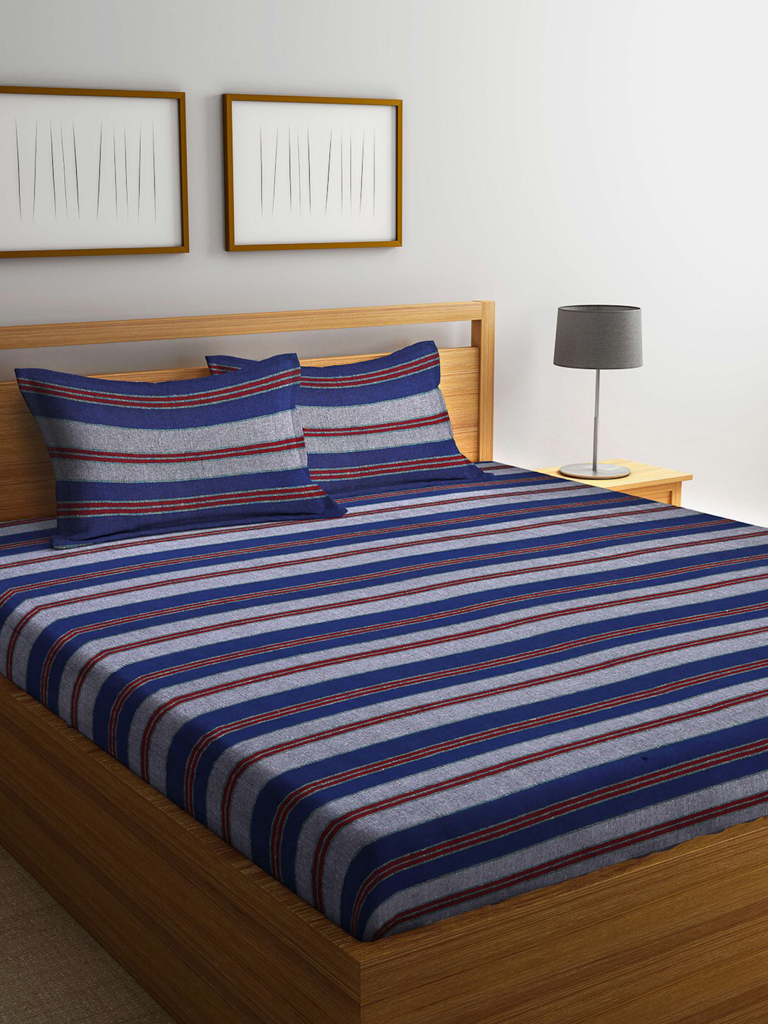 

Arrabi Navy Blue & Red Striped 300 TC Cotton King Bedsheet with 2 Pillow Covers
