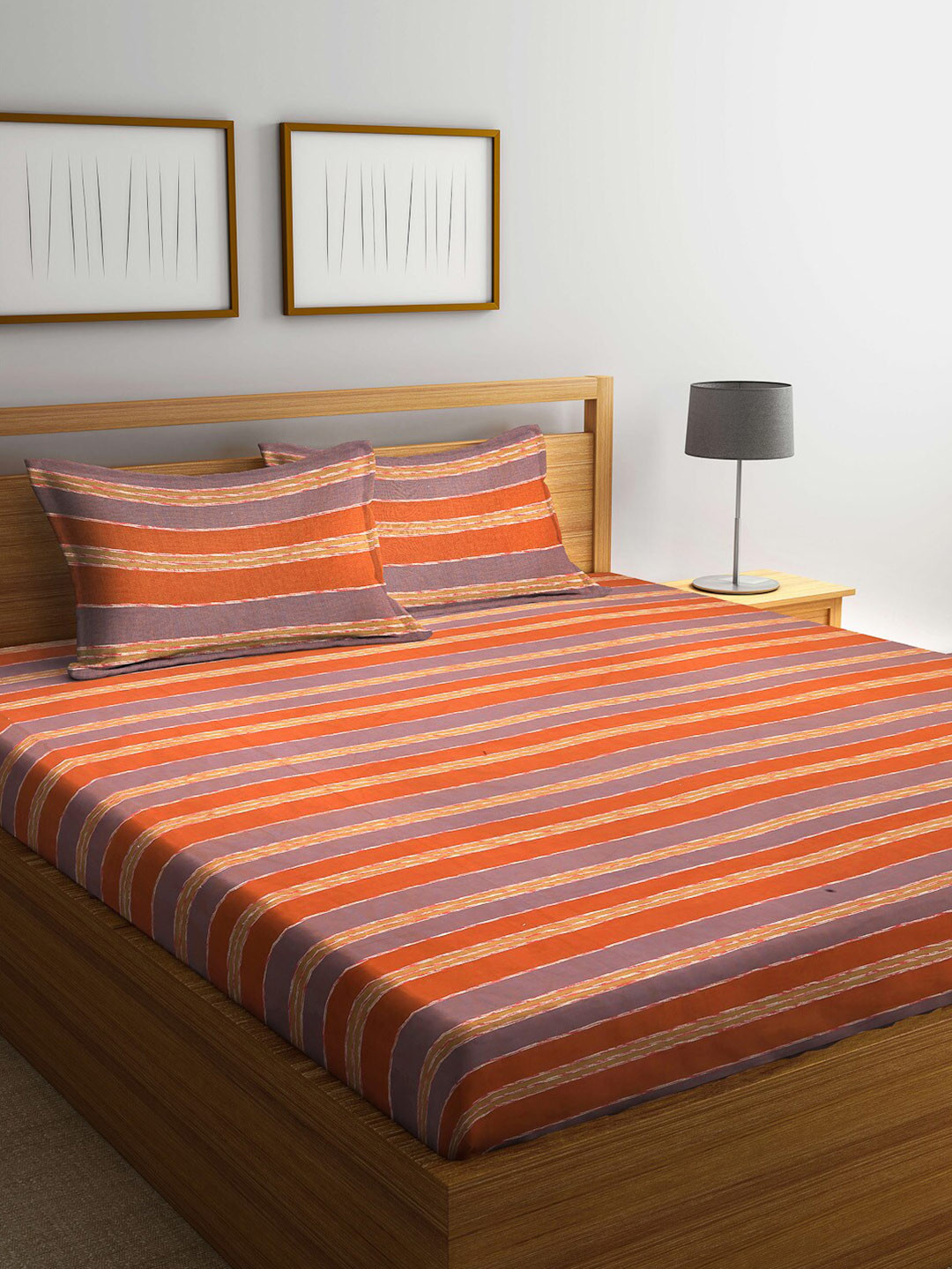 

Arrabi Brown & Orange Striped 300 TC Cotton Super King Bedsheet With 2 Pillow Covers