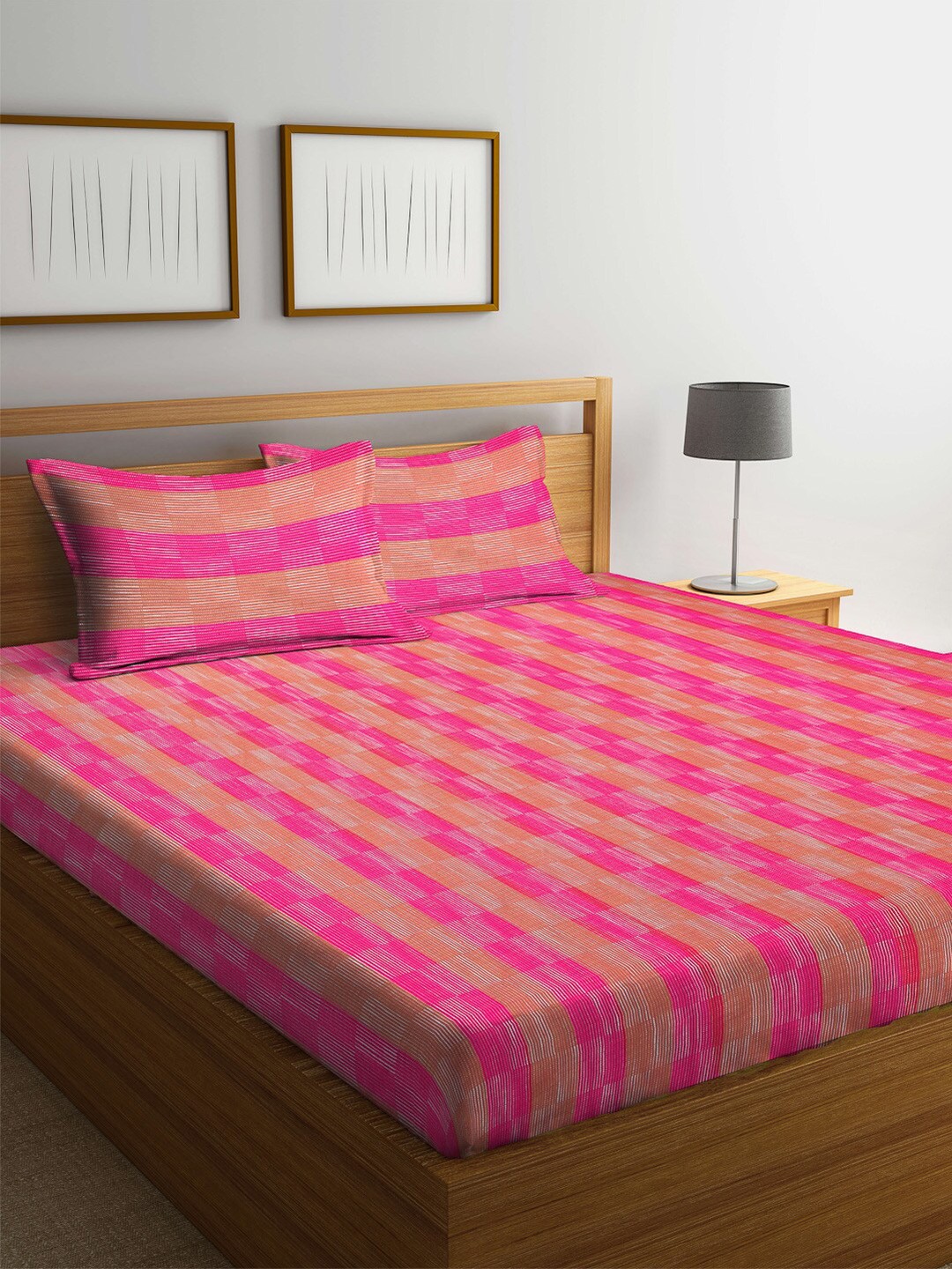 

Arrabi Pink & Brown Striped 300 TC Cotton King Bedsheet With 2 Pillow Covers