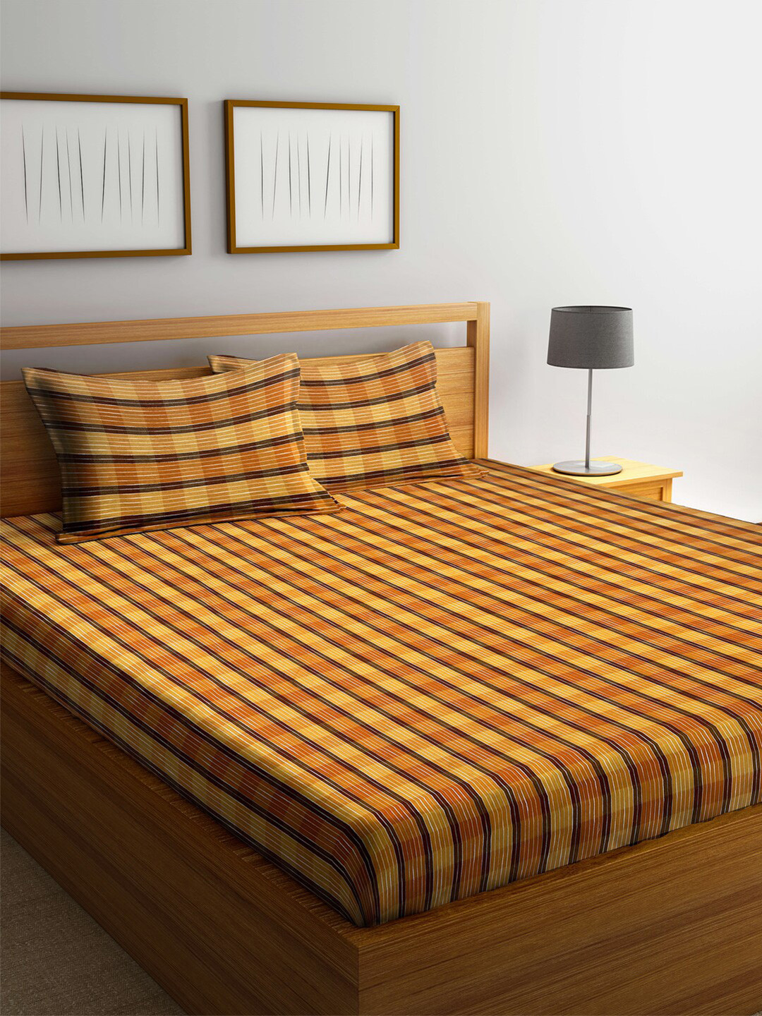 

Arrabi Brown & Yellow Geometric 300 TC Cotton Super King Bedsheet With 2 Pillow Covers