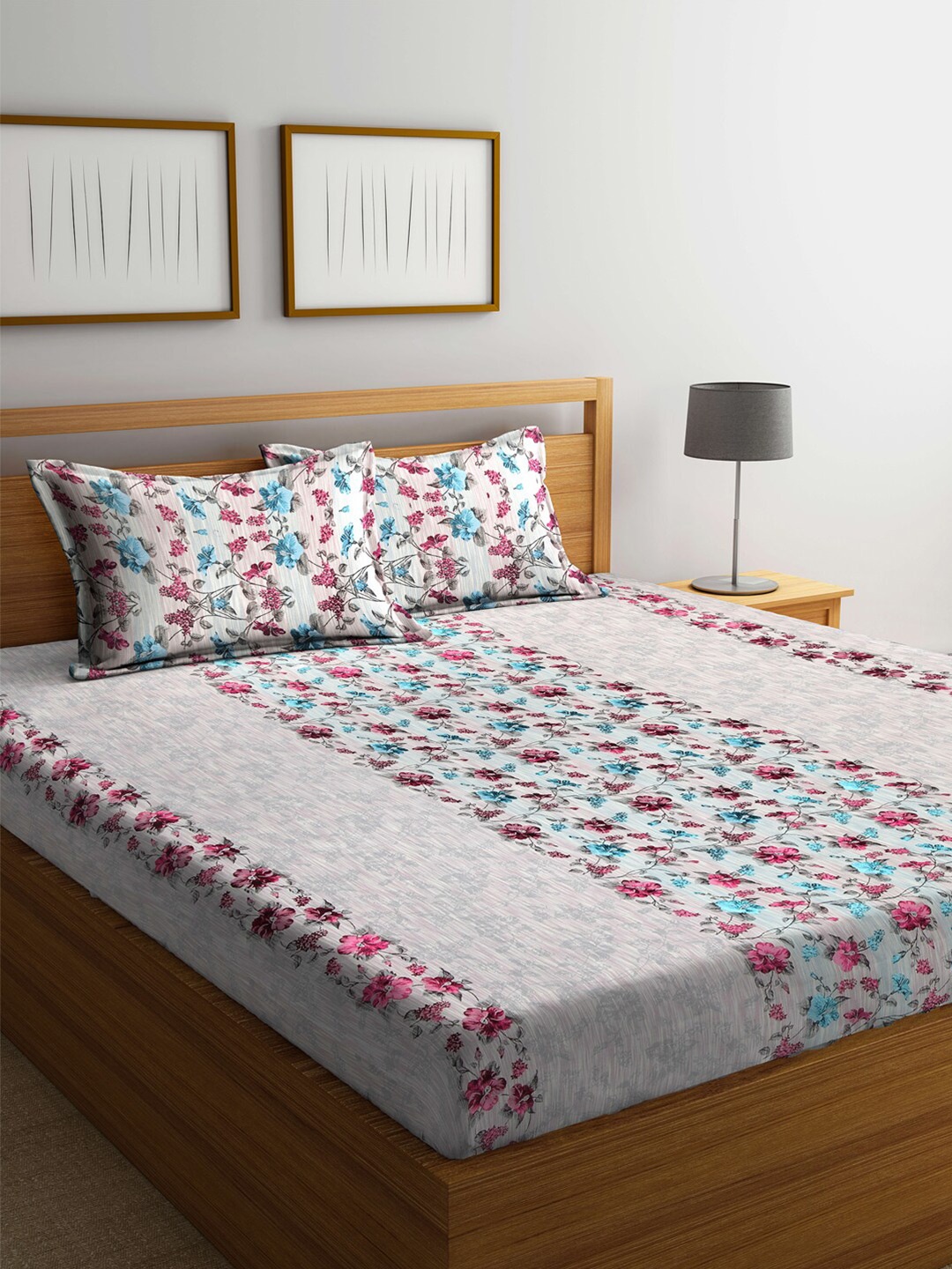 Arrabi Grey & Pink Floral 300 TC King Bedsheet with 2 Pillow Covers