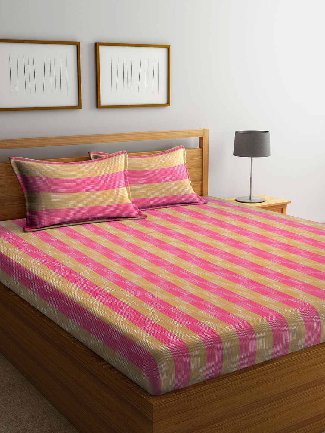 

Arrabi Pink & Green Striped 300 TC King Cotton Bedsheet with 2 Pillow Covers