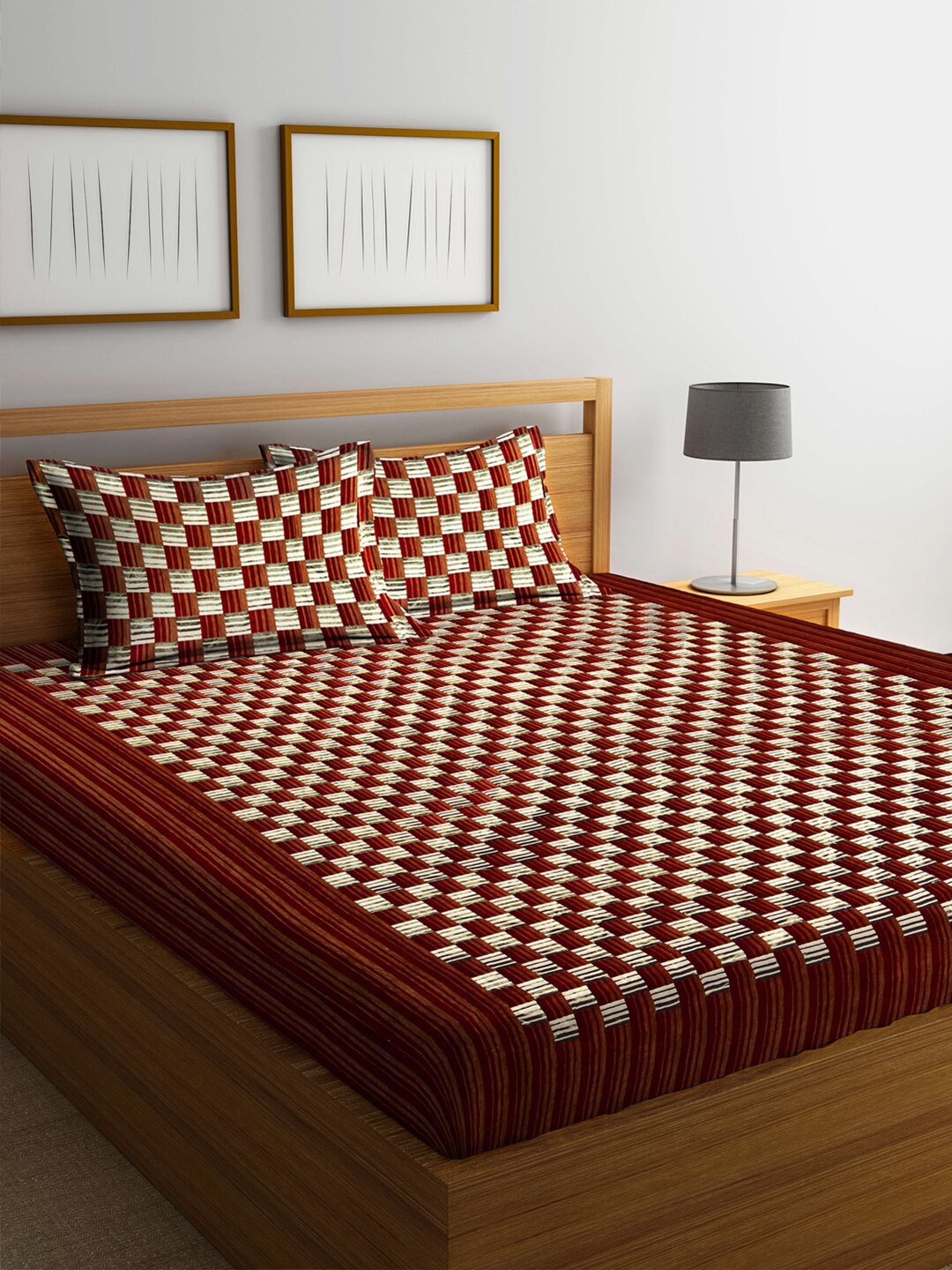 

Arrabi Brown & White Geometric 300 TC King Bedsheet with 2 Pillow Covers