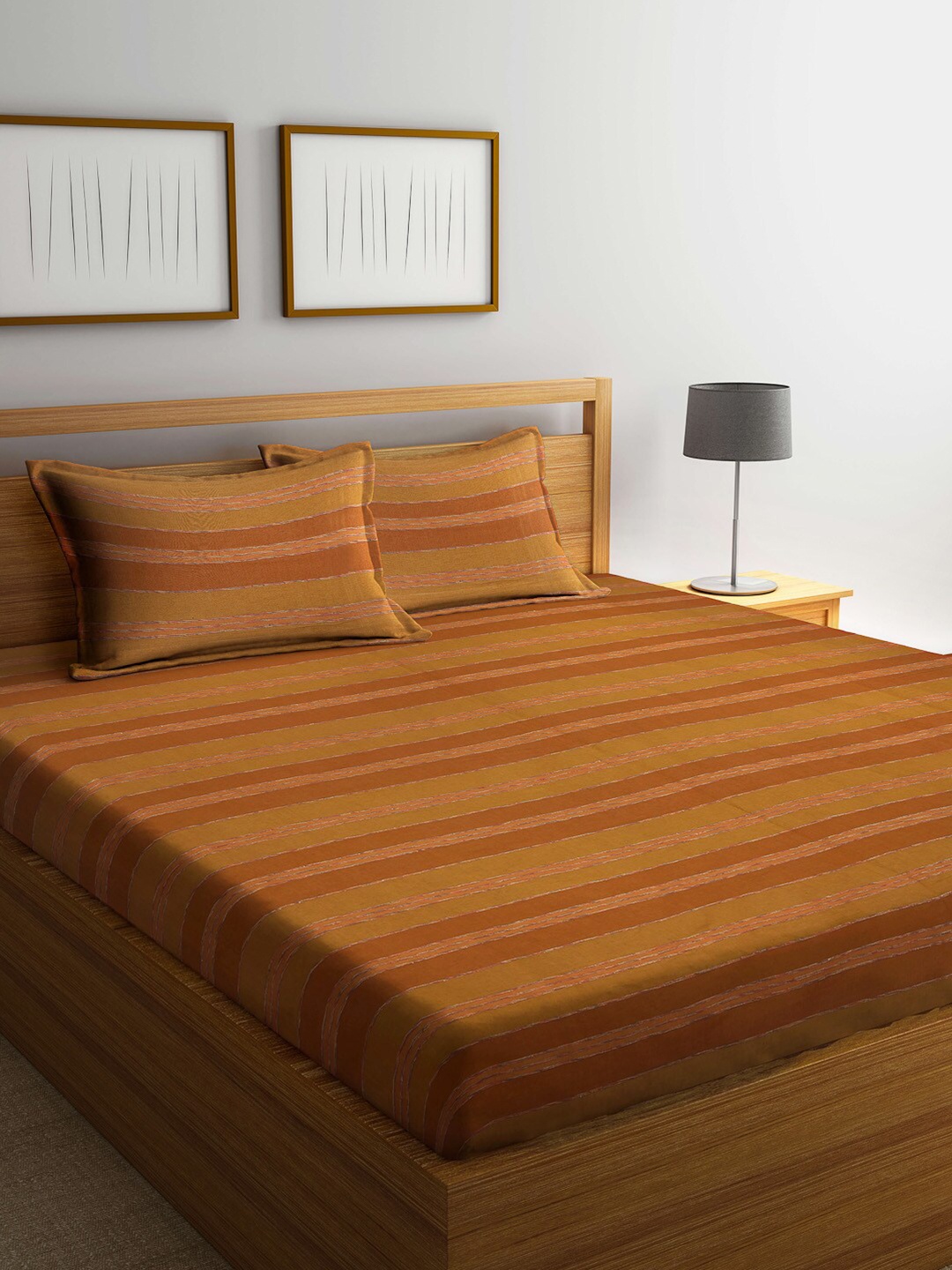 

Arrabi Tan & Rust Striped 300 TC Super King Cotton Bedsheet with 2 Pillow Covers