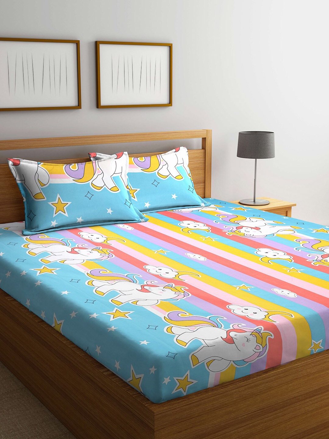 

Arrabi Blue & Pink Cartoon Characters 300 TC King Bedsheet with 2 Pillow Covers