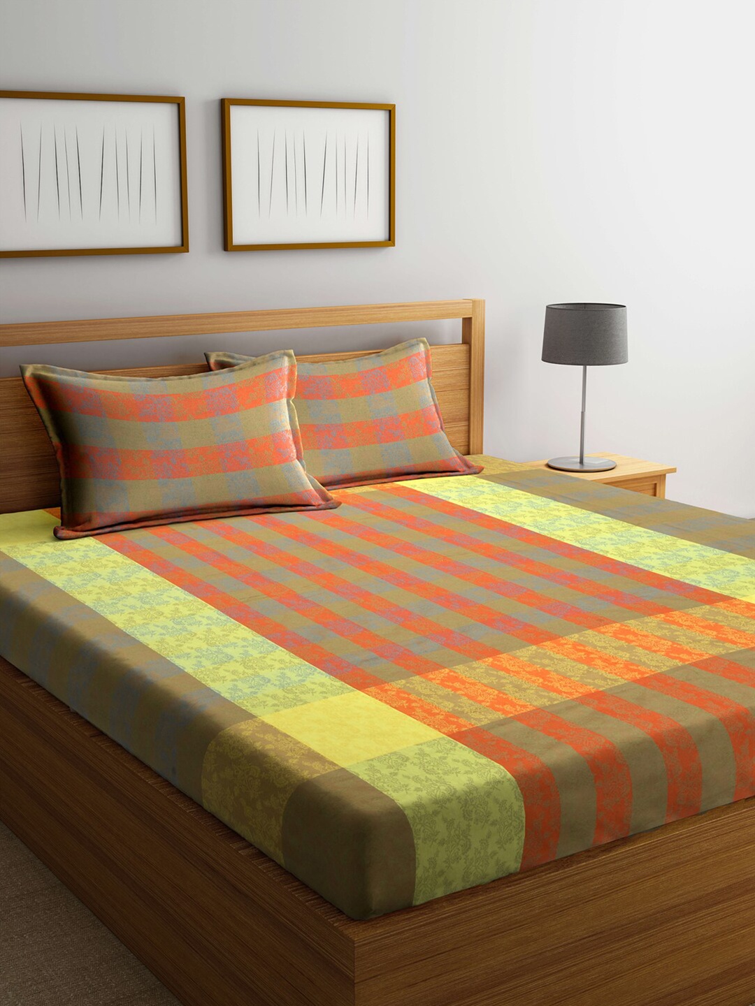 

Arrabi Orange & Yellow Striped 300 TC King Cotton Bedsheet with 2 Pillow Covers