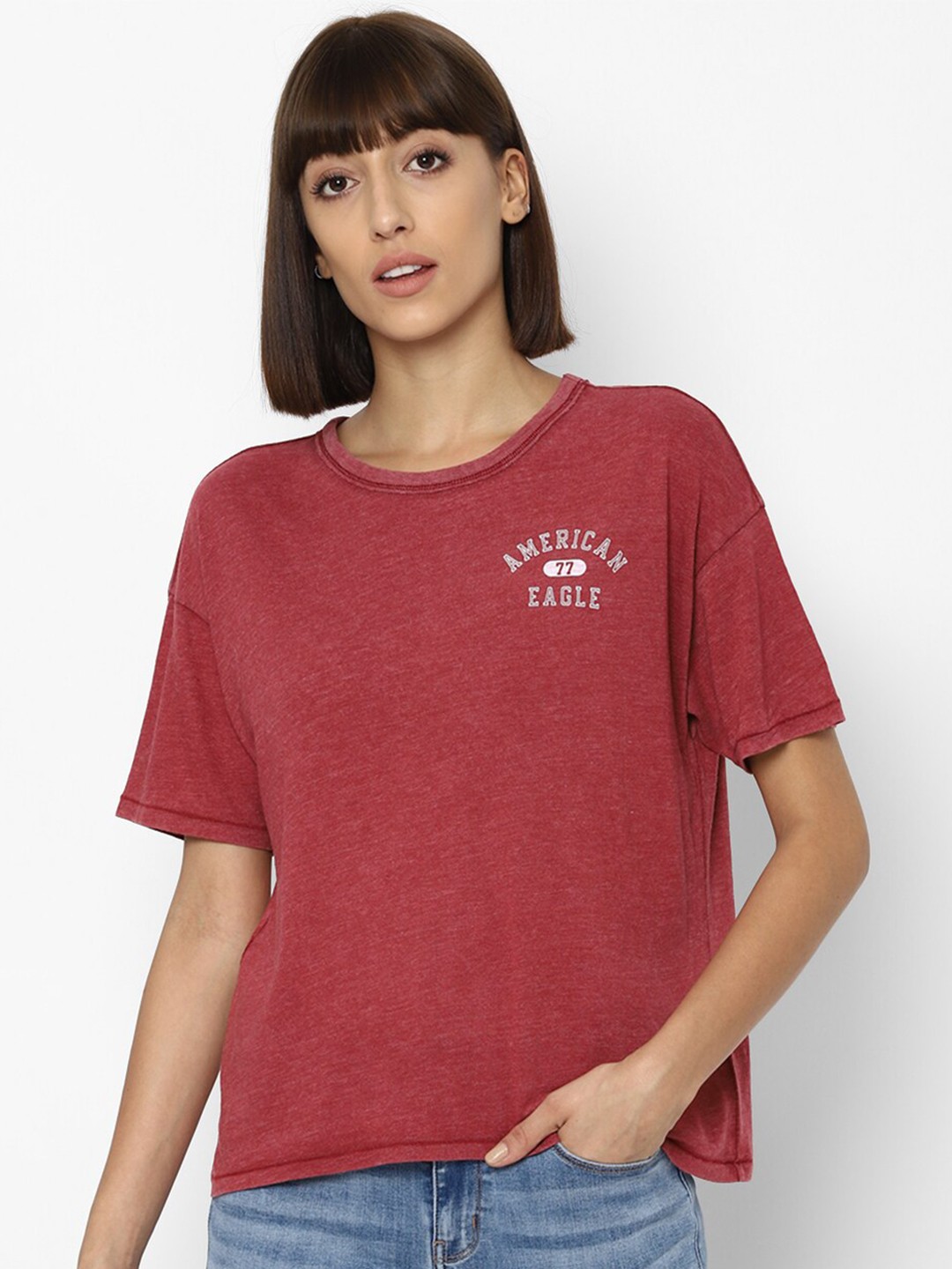 

AMERICAN EAGLE OUTFITTERS Women Red & White Brand Logo Printed T-shirt