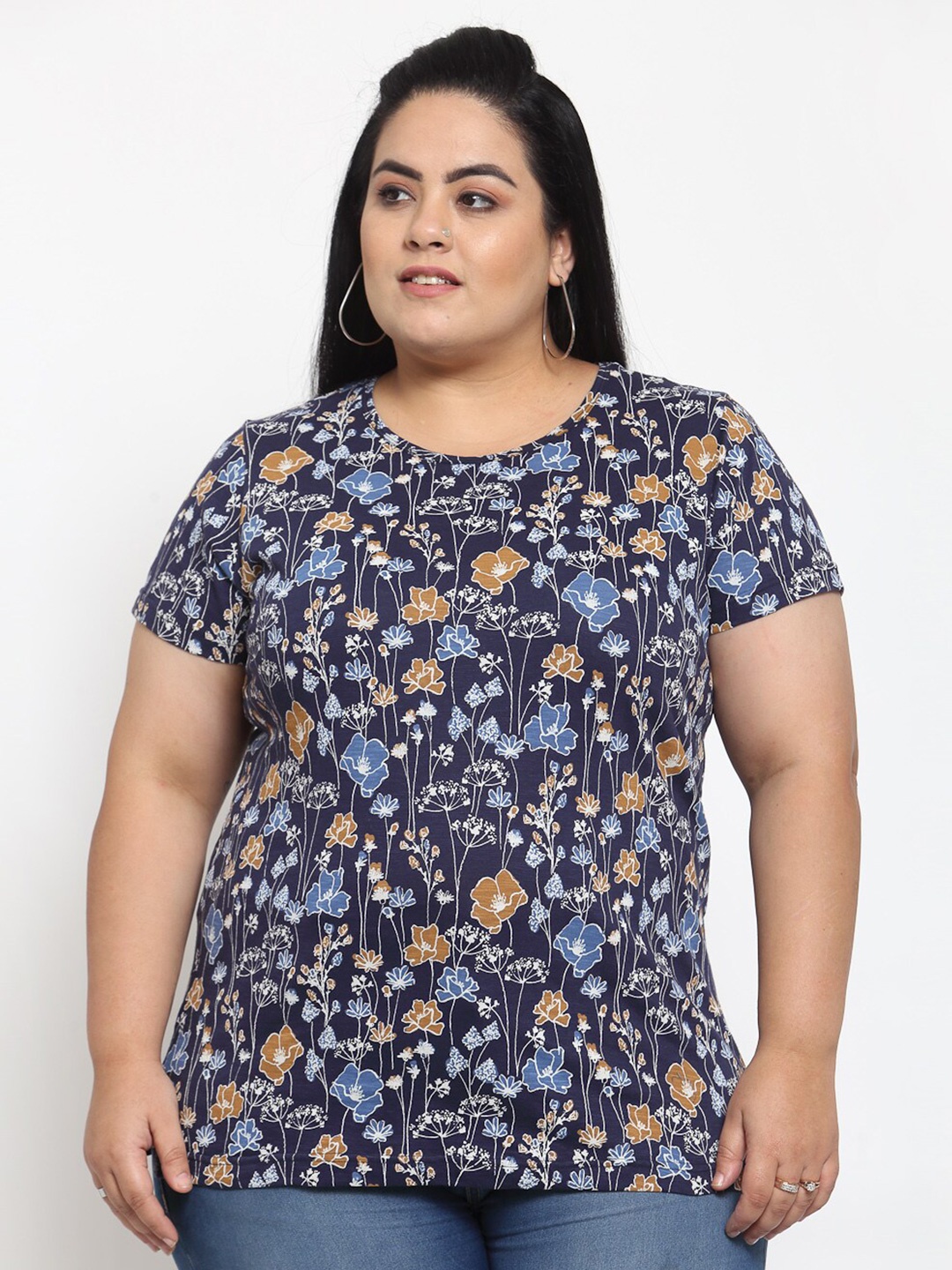 

plusS Women Navy Blue Floral Printed T-shirt