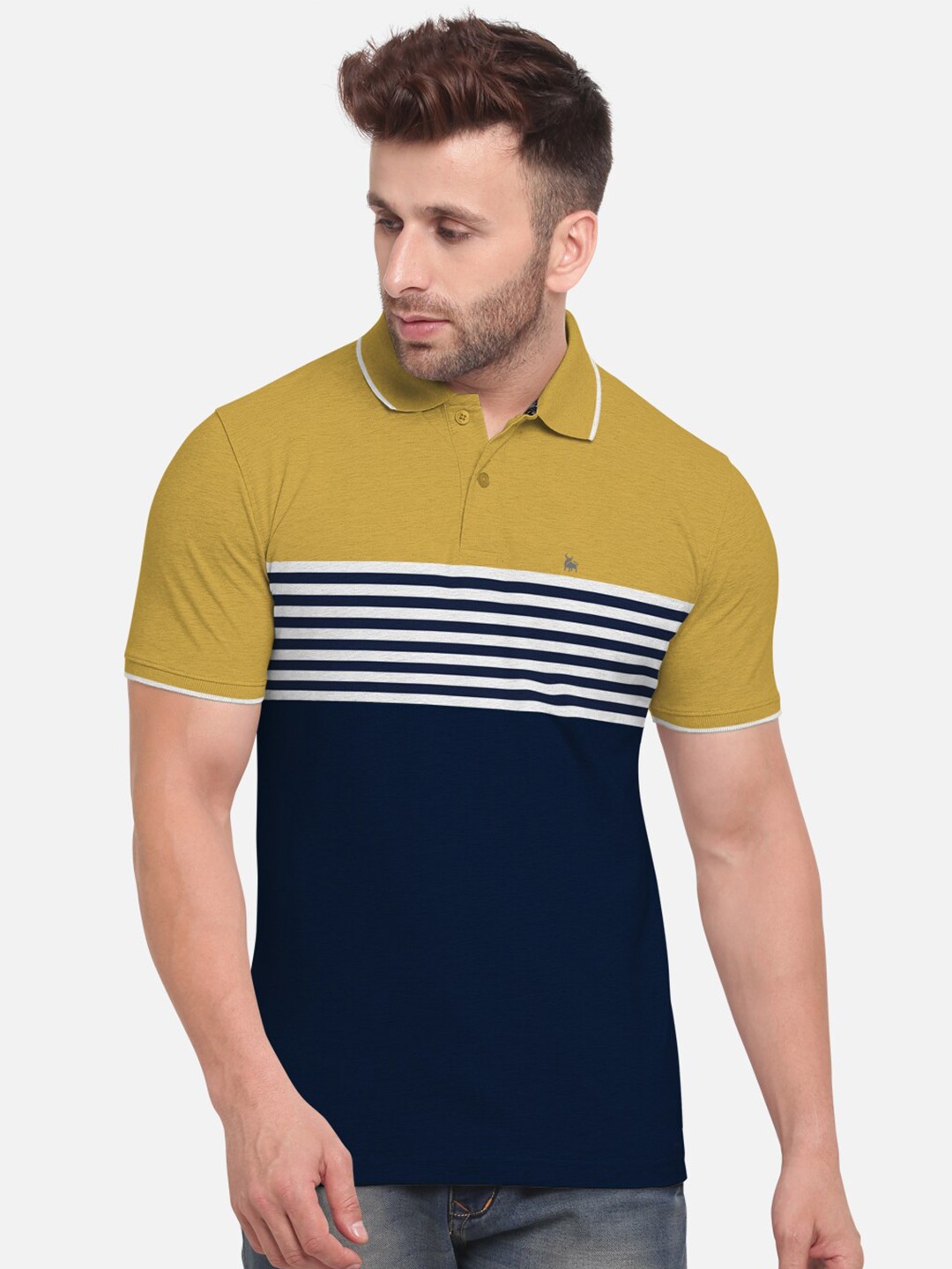 

BULLMER Men Mustard Yellow Navy Blue Striped Polo Collar Pure Cotton T-shirt