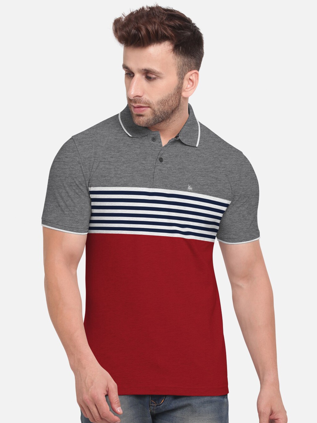 

BULLMER Men Grey & Rust Stripes Colourblocked Polo Collar T-shirt
