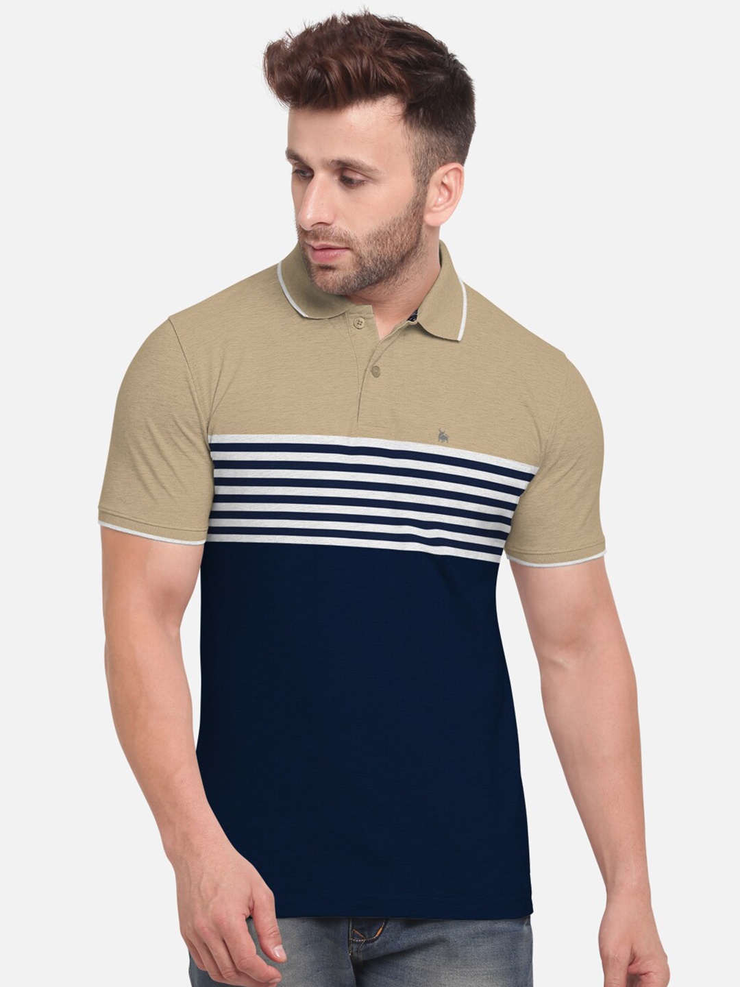 

BULLMER Men Khaki & Navy Blue Striped Polo Collar T-shirt