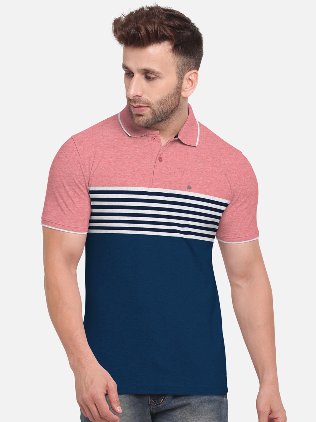 

BULLMER Men Pink & Blue Striped Colourblocked Polo Collar T-shirt