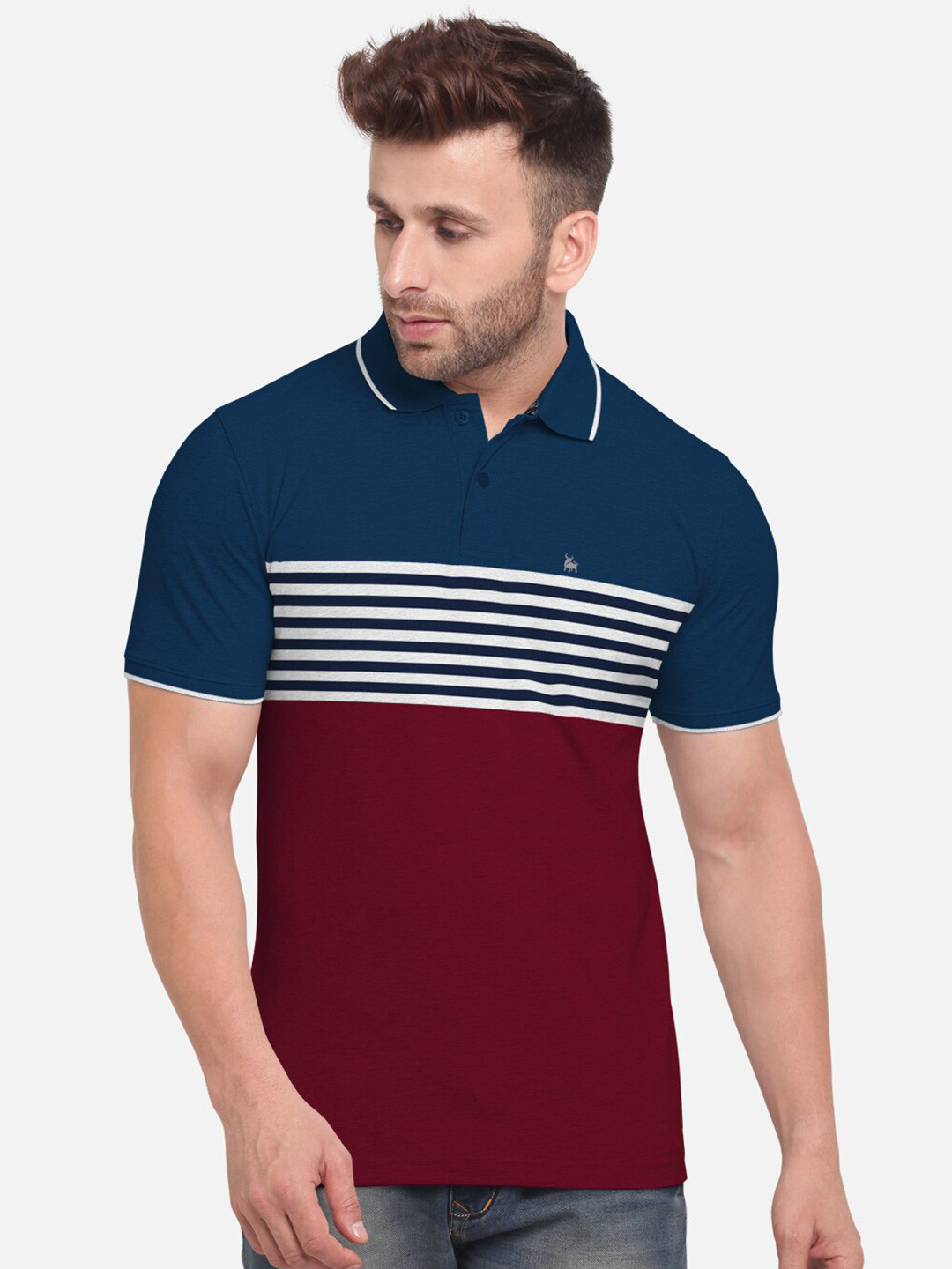 

BULLMER Men Maroon & Navy Blue Striped Polo Collar T-shirt