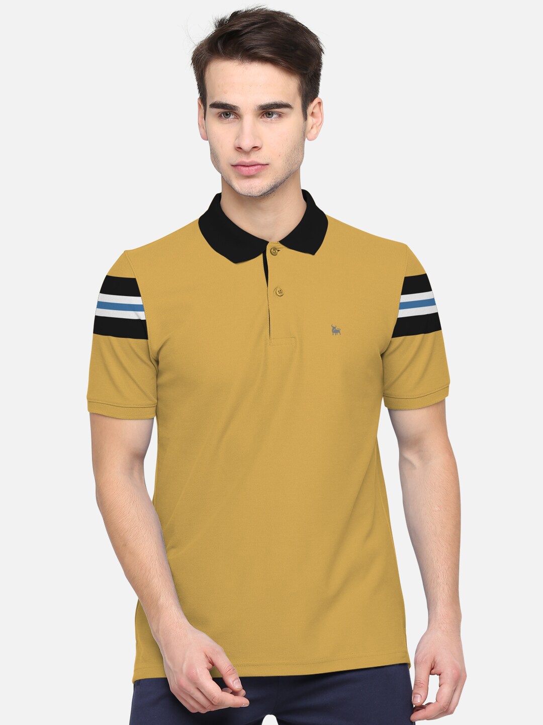 

BULLMER Men Mustard Yellow & Black Colourblocked Polo Collar T-shirt