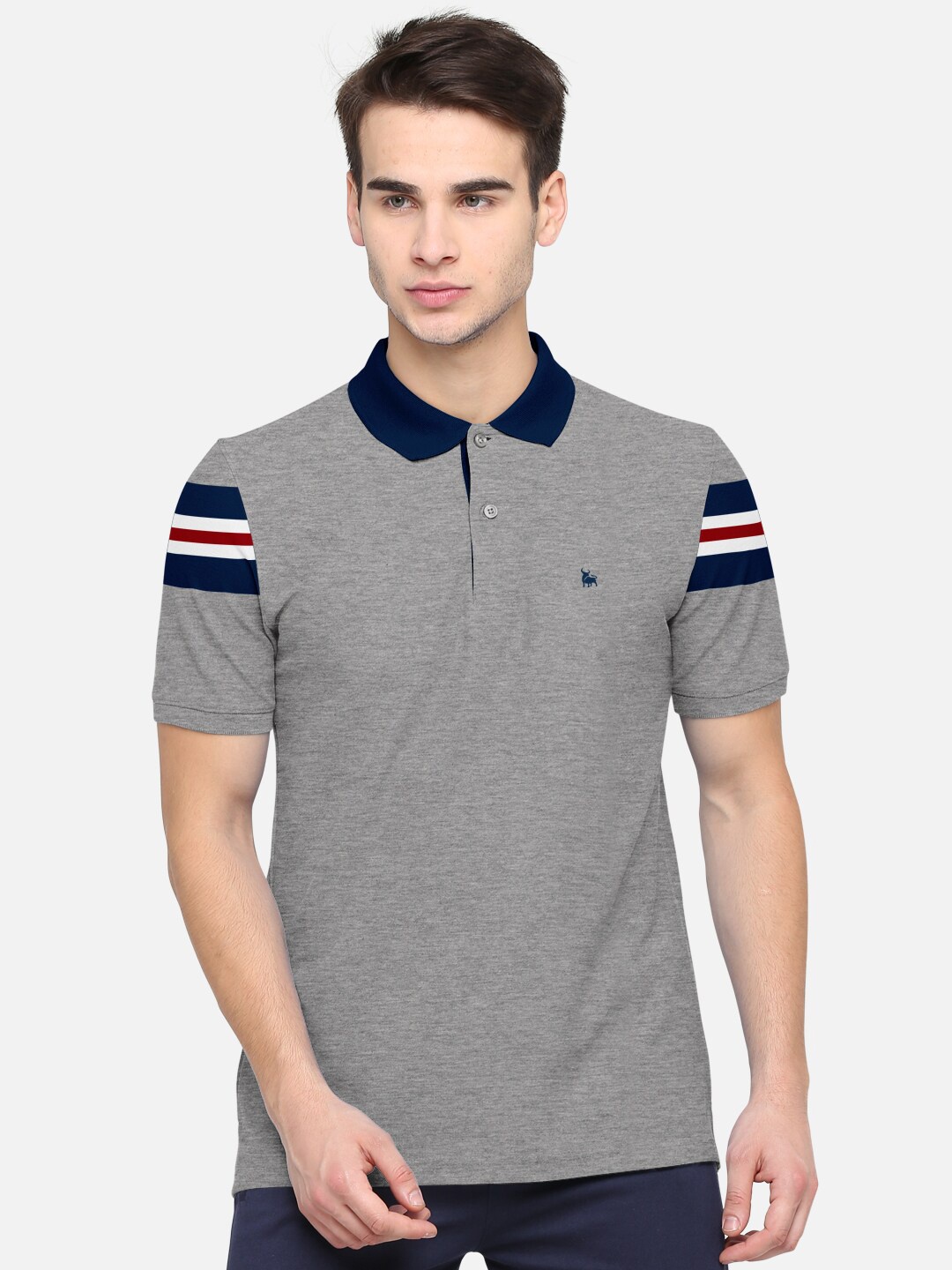 

BULLMER Men Grey Black Striped Polo Collar Pure Cotton T-shirt