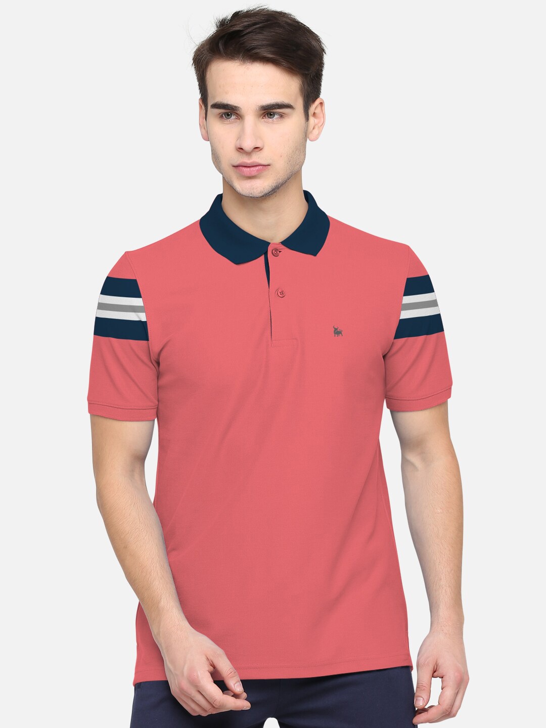 

BULLMER Men Coral Black Colourblocked Polo Collar Pure Cotton T-shirt