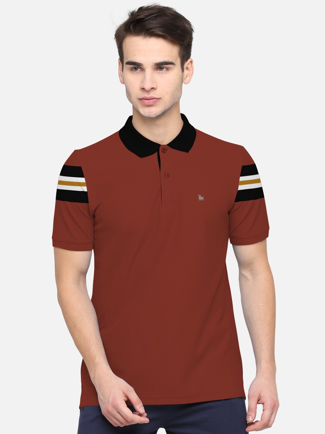 

BULLMER Men Maroon Black Colourblocked Polo Collar Pure Cotton T-shirt