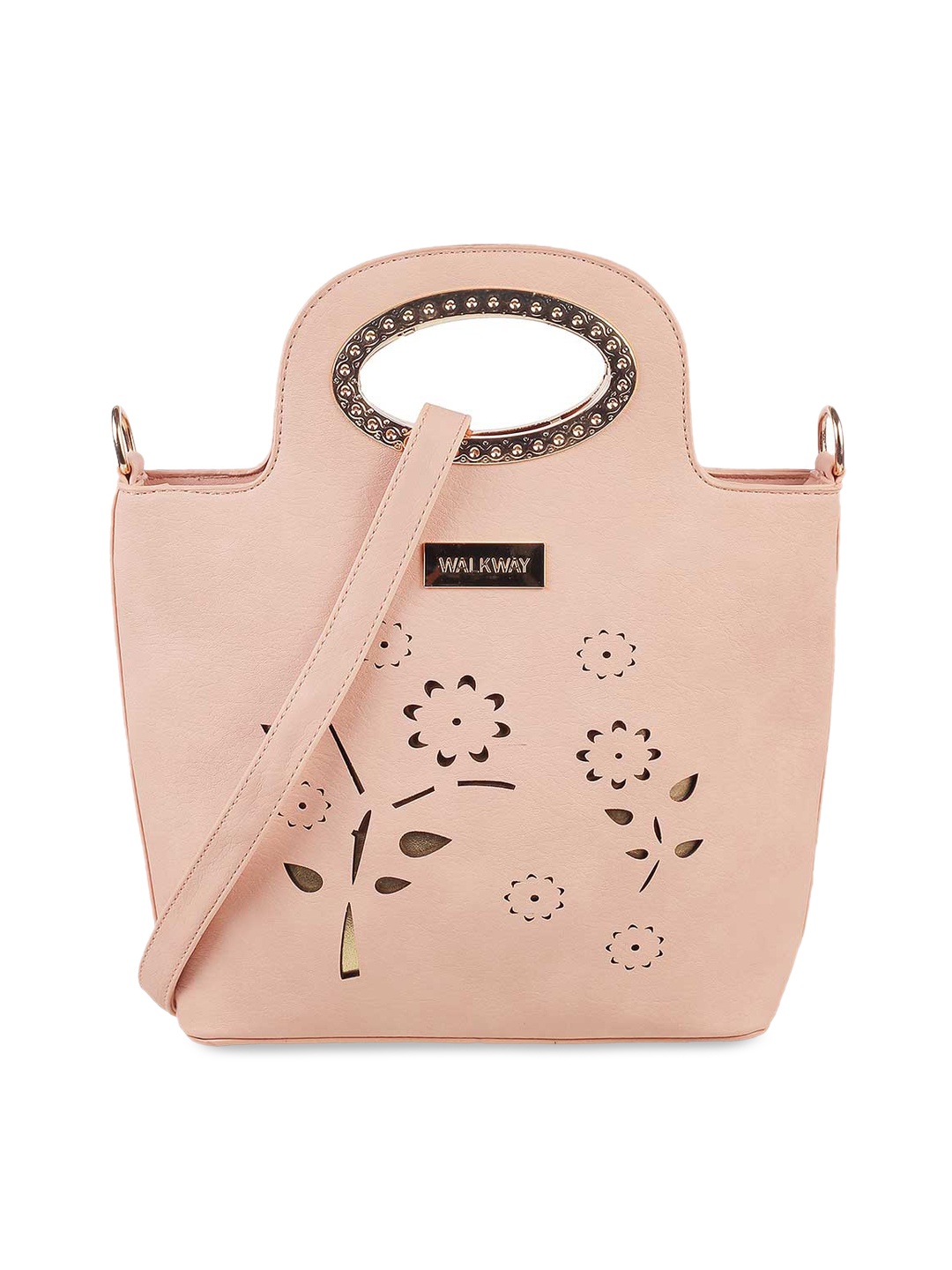 

WALKWAY by Metro Peach-Coloured Structured Handheld Bag with Cut Work