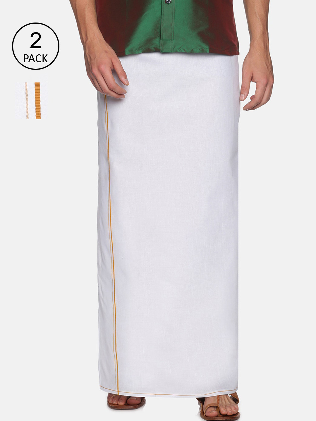 

Chennis Men Pack Of 2 White & Orange Solid Pure Cotton Dhotis