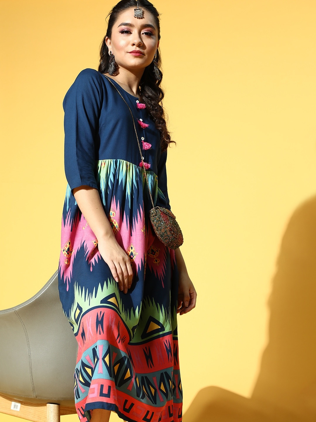 

Sangria Women Deep Navy Blue Ethnic Motifs Tasselled Dress