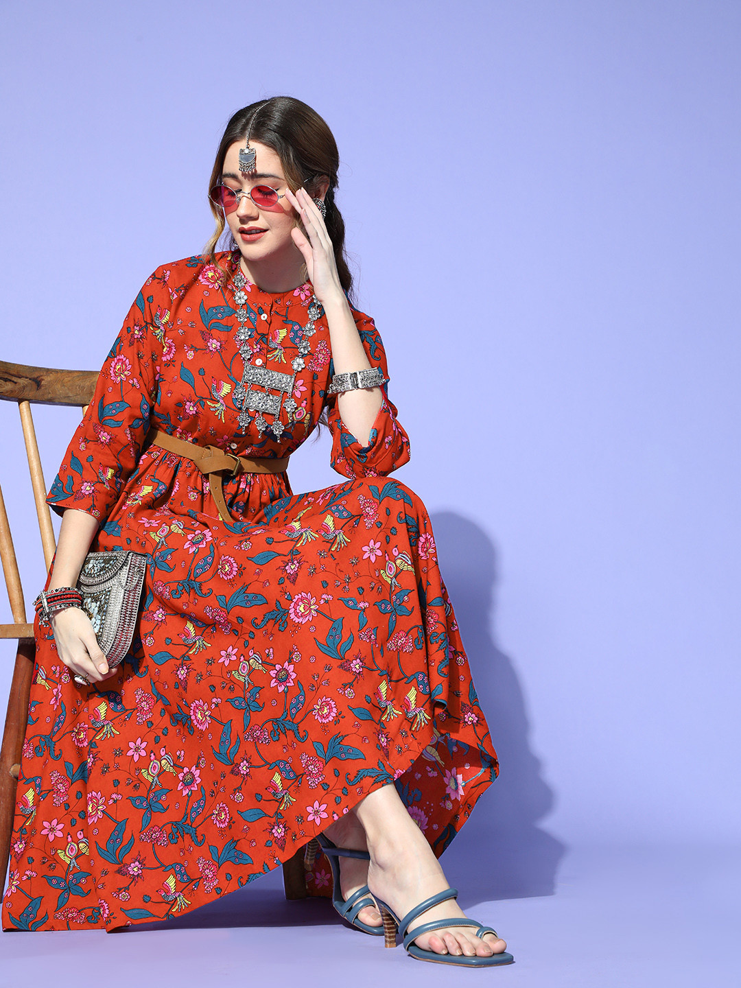 

Sangria Red & Blue Ethnic Motifs A-Line Midi Dress
