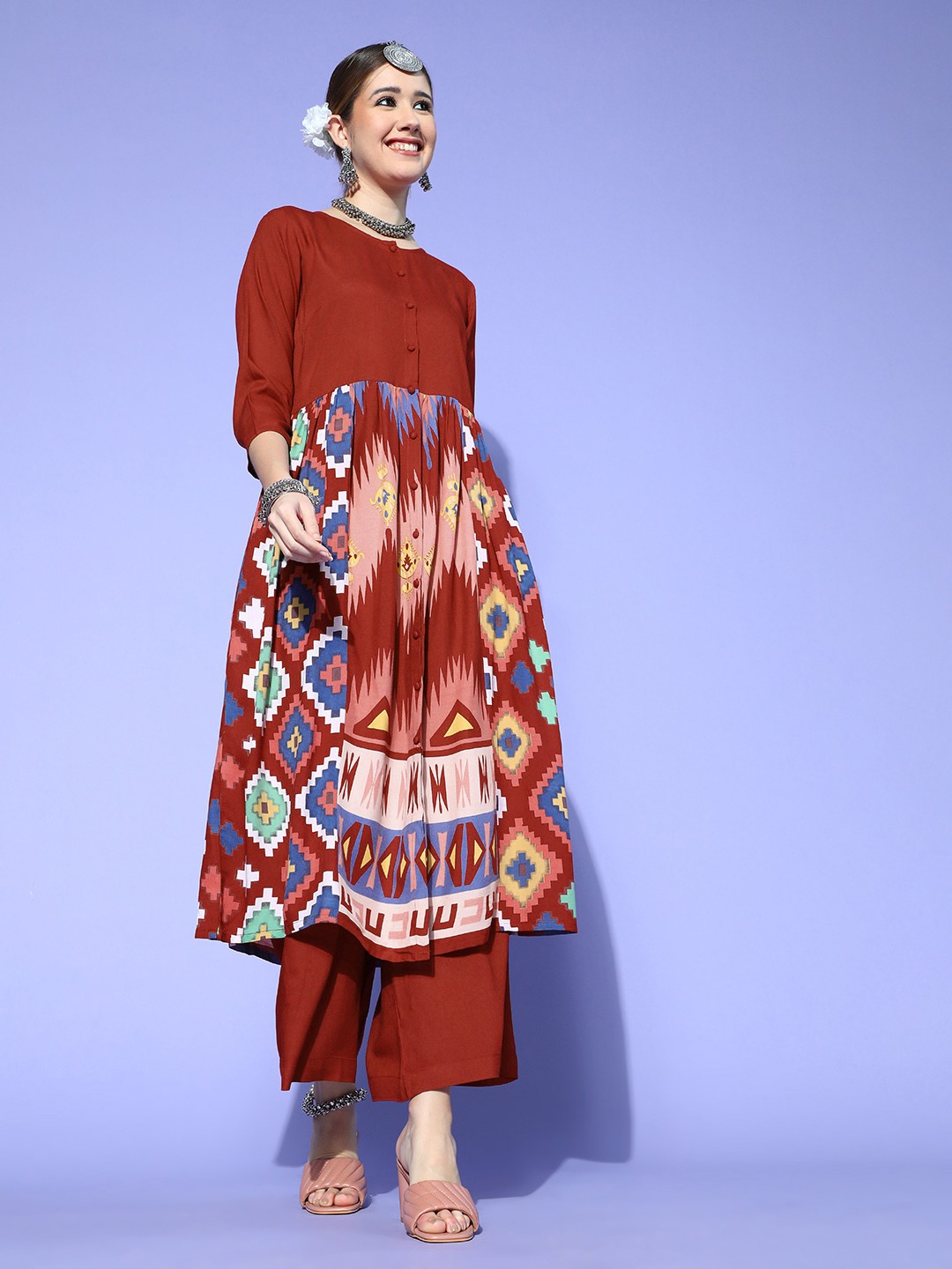 

Sangria Women Maroon & Blue Geometric Printed Pleated Kurta with Palazzos