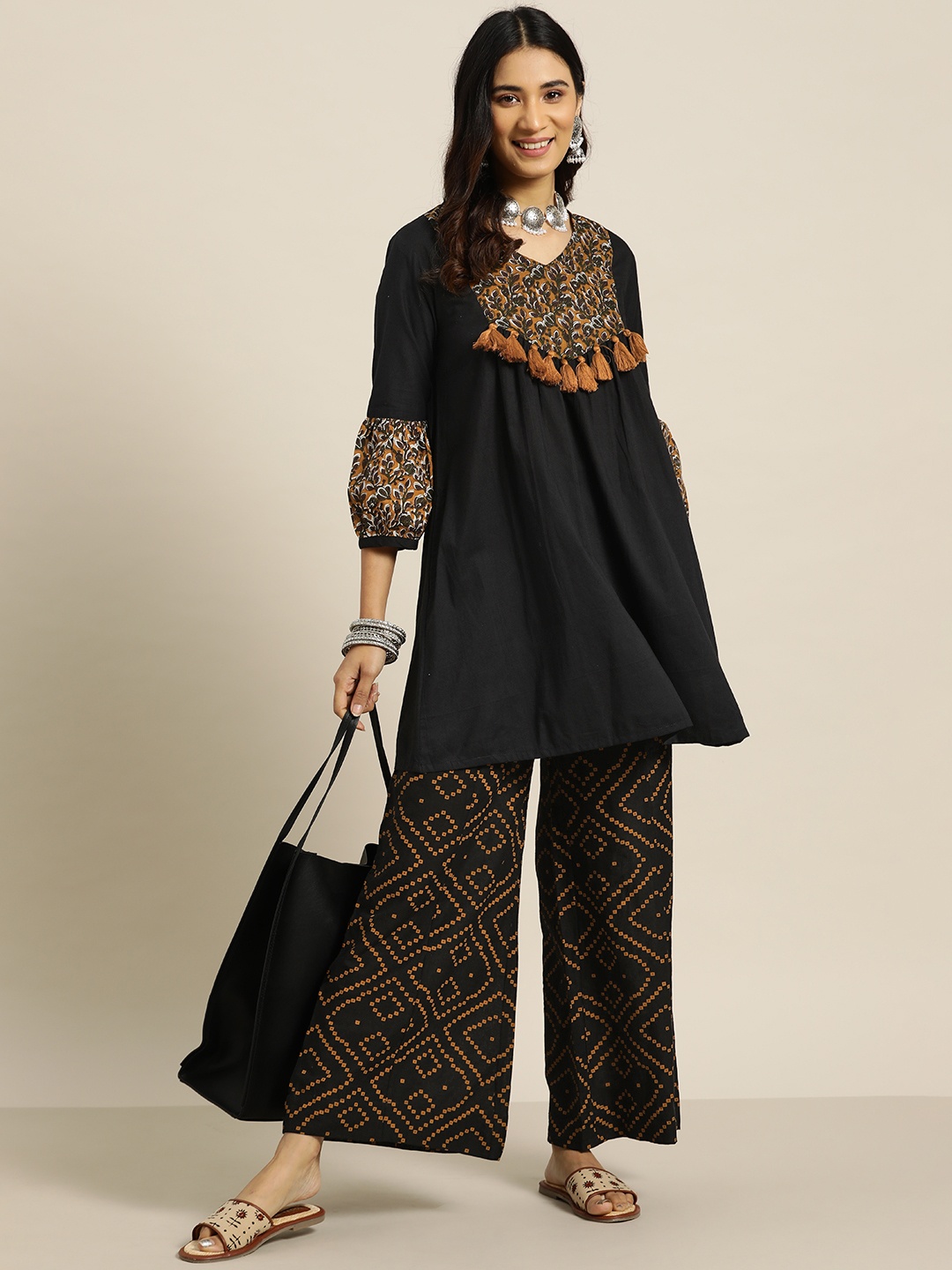 

Sangria Women Black & Mustard Brown Yoke Design Pure Cotton Kurta with Palazzos