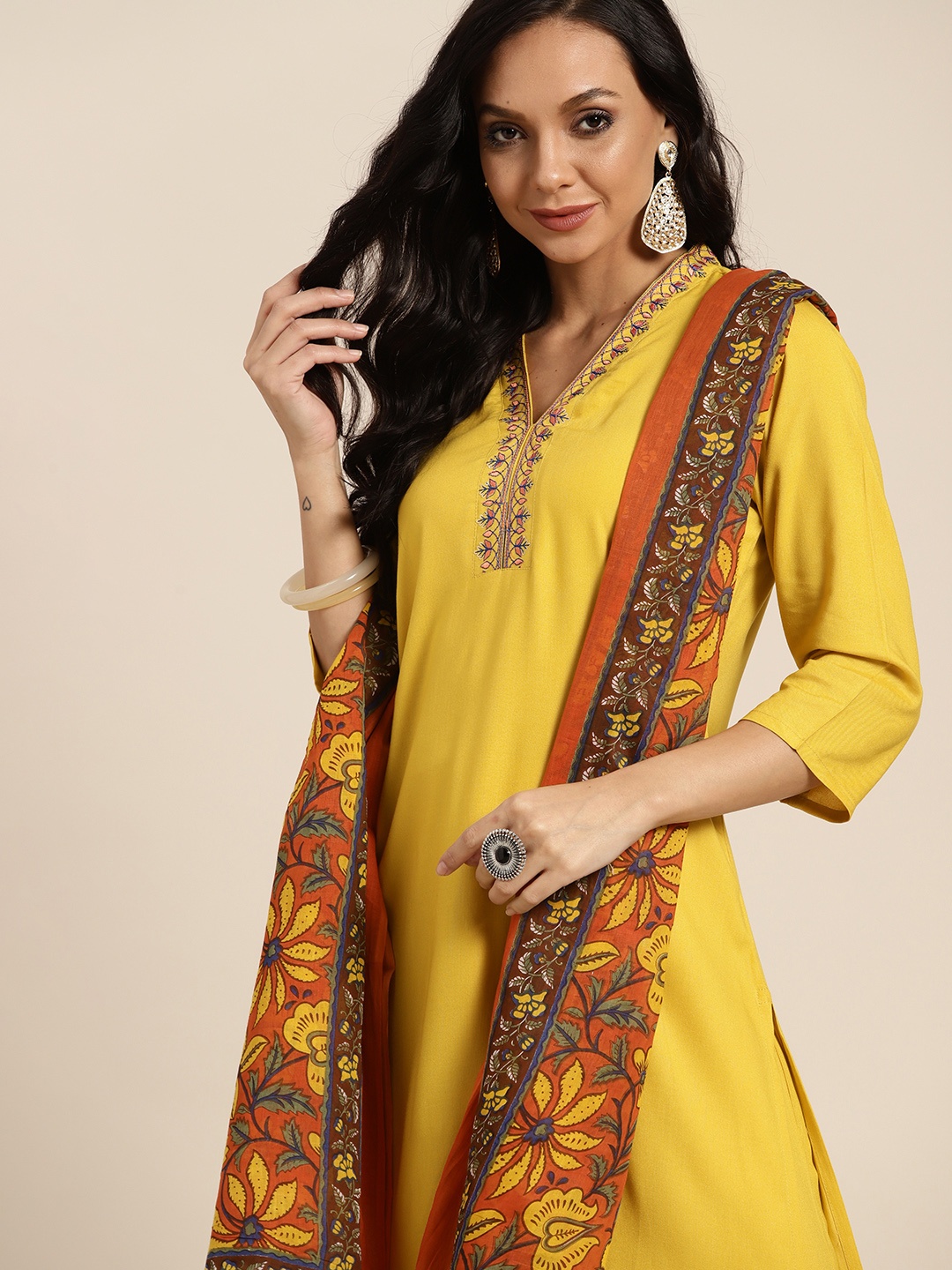 

Sangria Women Yellow Yoke Design Sequinned Regular Kurta with Trousers & Dupatta