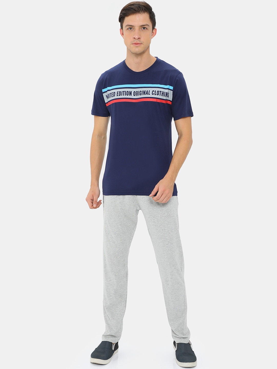 

Masculino Latino Men Navy Blue & Grey Melange Printed Pure Cotton Tracksuit