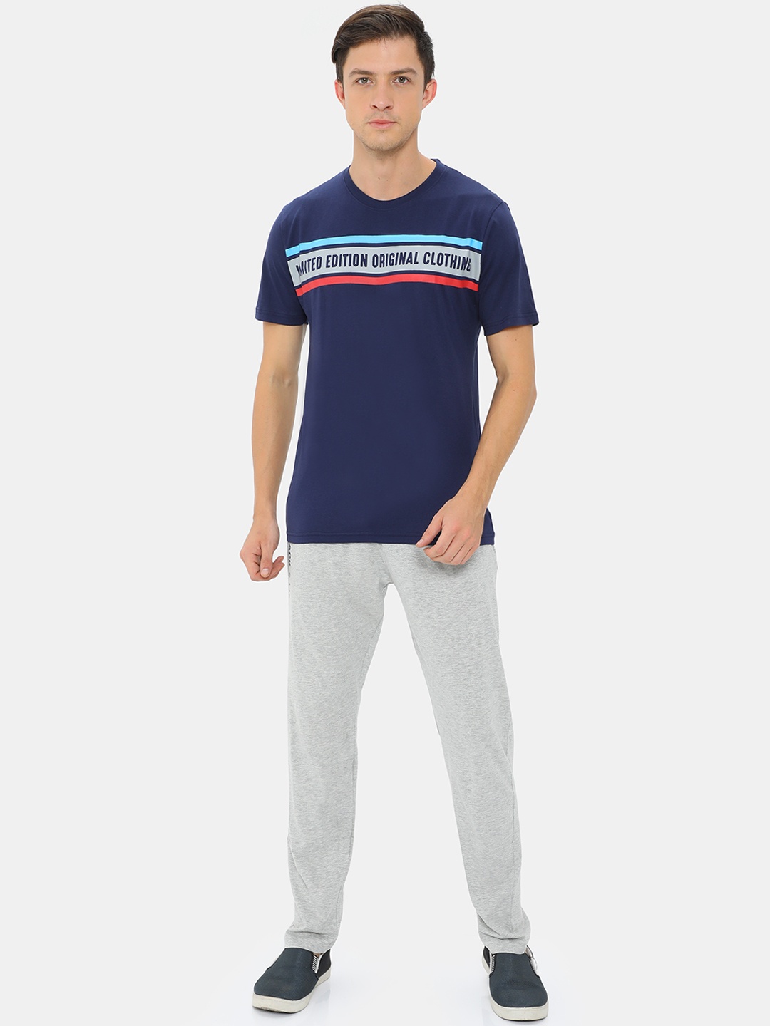 

Masculino Latino Men Navy Blue & Grey Melange Printed Pure Cotton Tracksuit