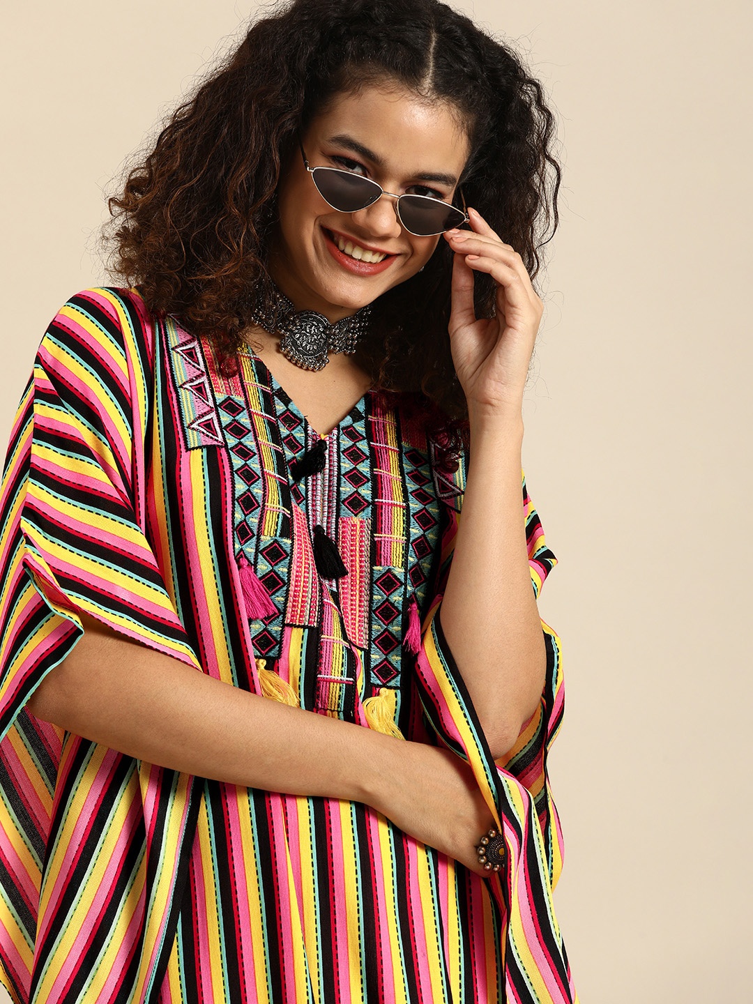 

Sangria Women Pink & Yellow Striped Thread Work Kaftan Kurta