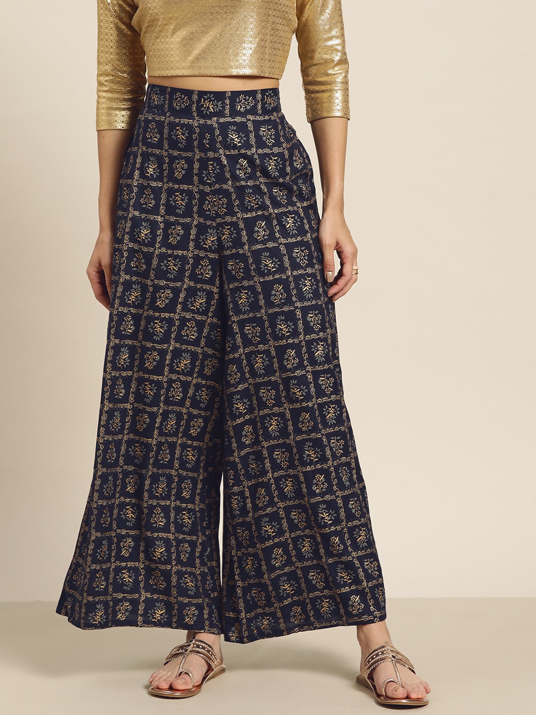 

Sangria Women Navy Blue & Golden Printed Flared Ethnic Palazzos