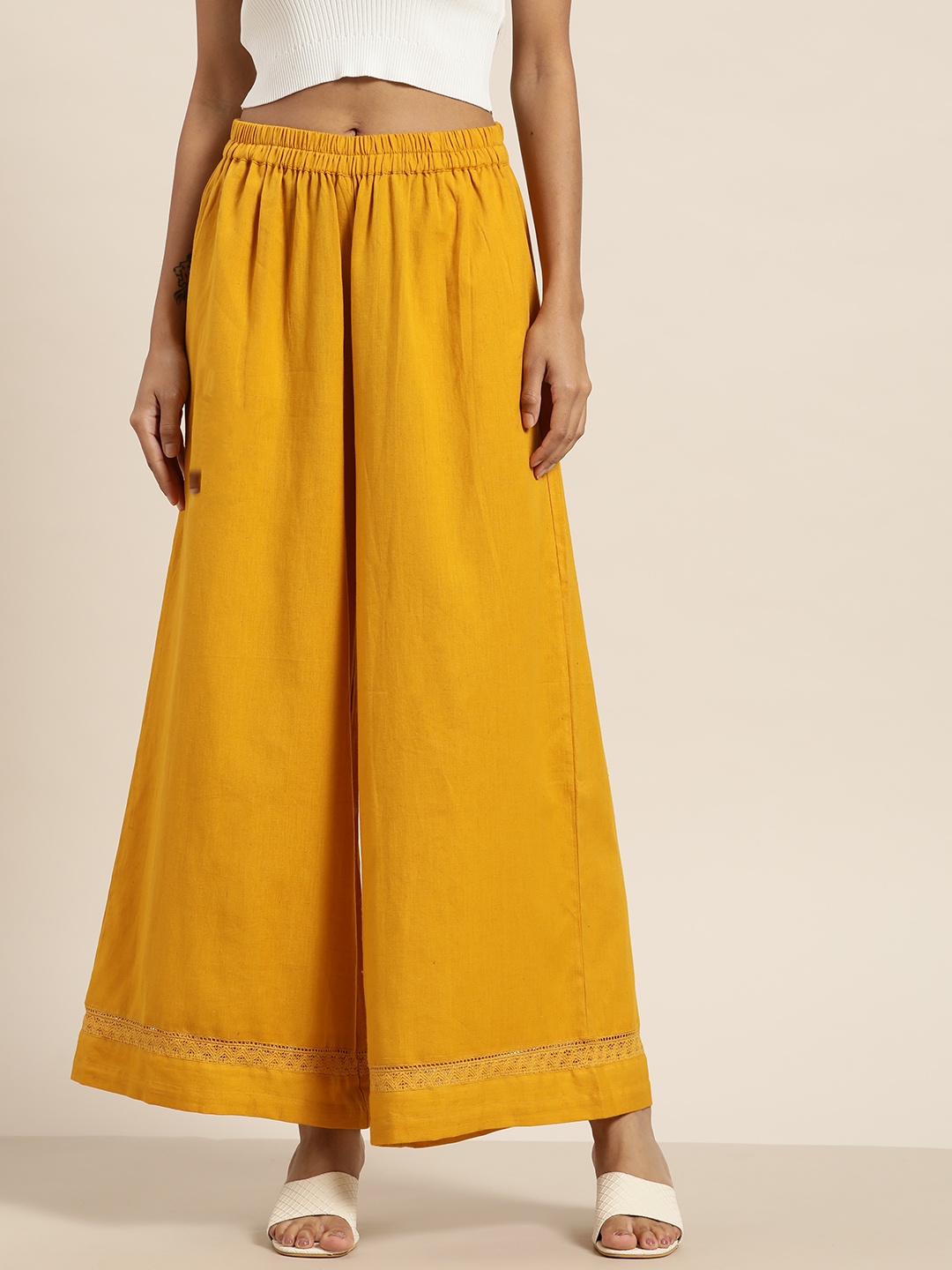 

Sangria Women Mustard Yellow Cotton Linen Solid Wide Leg Palazzos