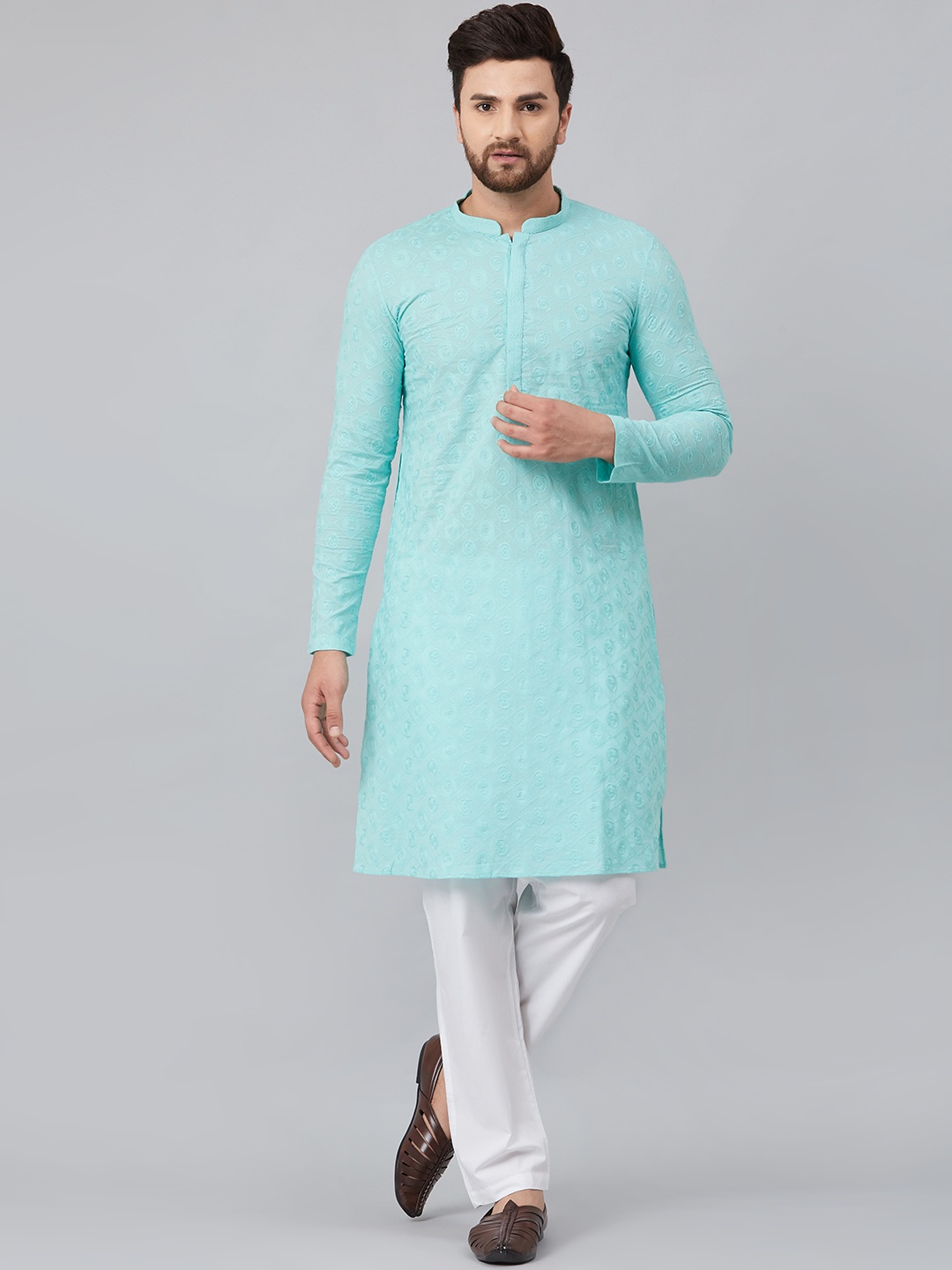 

See Designs Men Turquoise Blue Embroidered Regular Chikankari Pure Cotton Kurta with Pyjamas