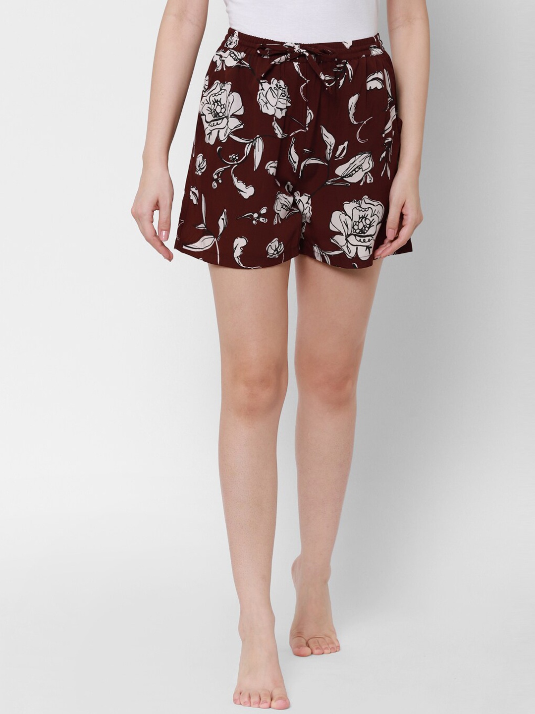 

HOUSE OF KKARMA Women Burgundy Floral Printed Regular Shorts