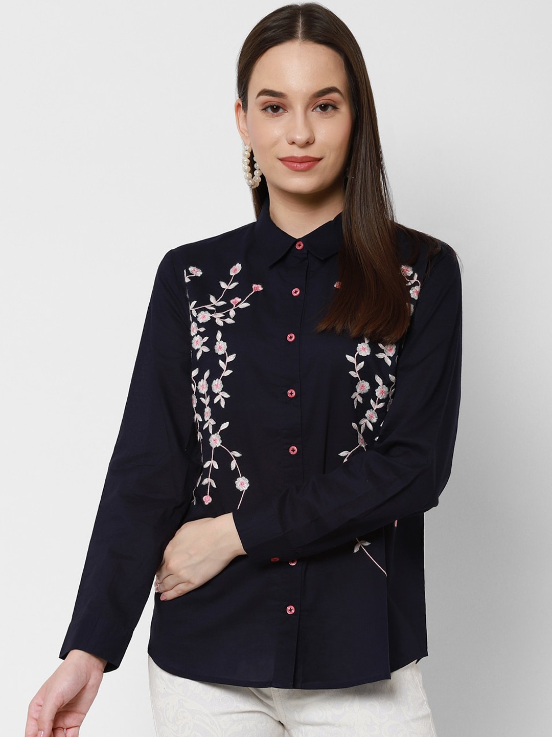 

HOUSE OF KKARMA Women Navy Blue Floral Embroidered Casual Shirt