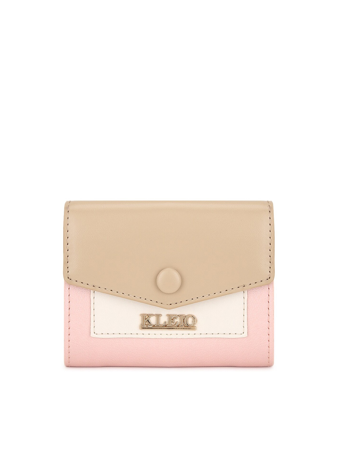 KLEIO Mini Color-Blocked Trifold Wallet, Beige